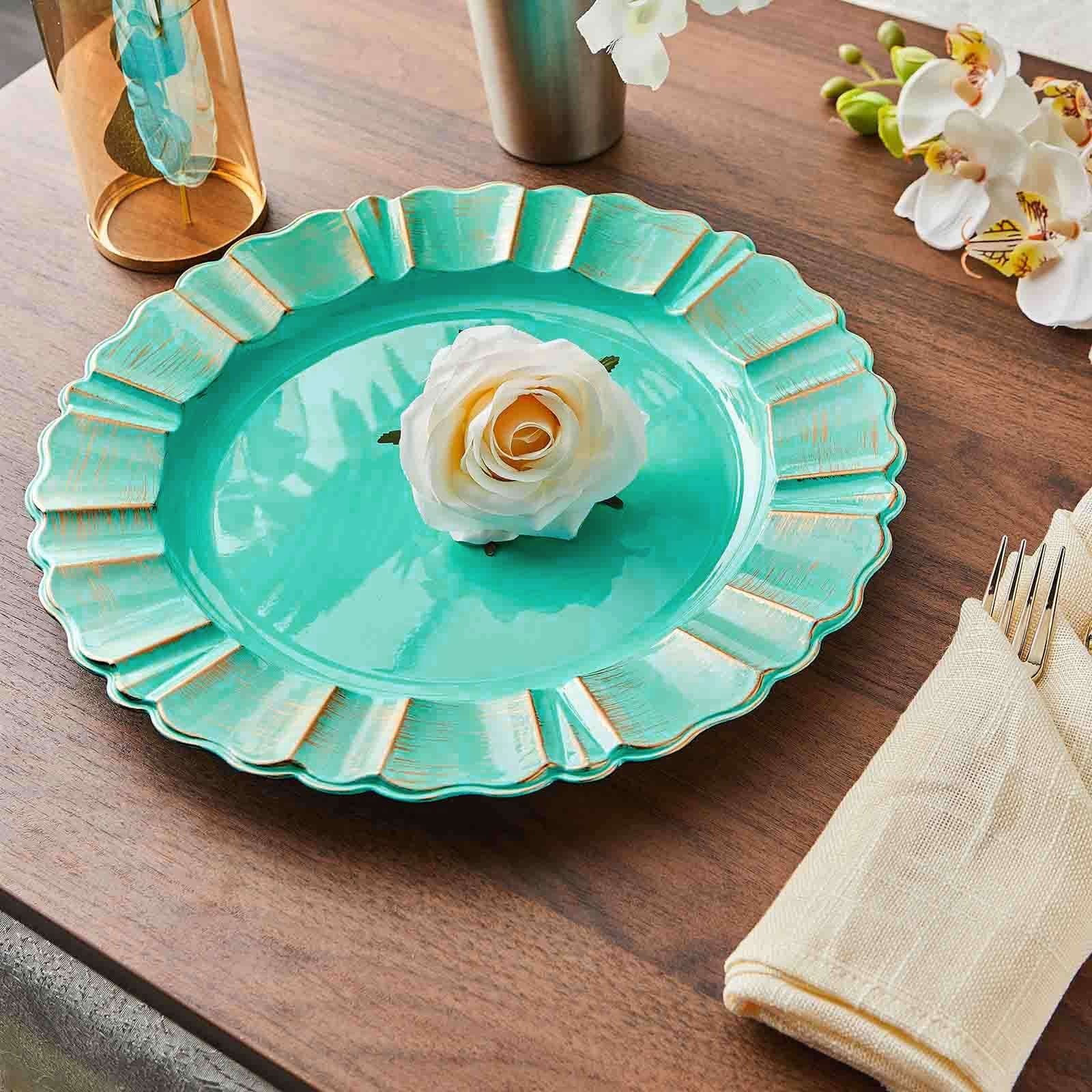 6-Pack Acrylic Plastic Round Charger Plates 13" in Turquoise with Gold Brushed Wavy Scalloped Rim, Decorative Dinner Party Charger Tableware