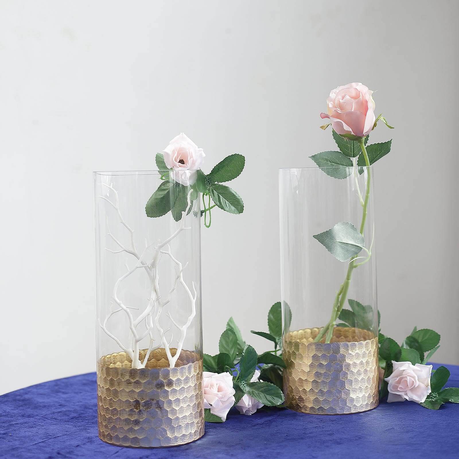 2-Pack Glass Cylinder Vases Honeycomb Design Clear with Gold Base - Decorative Candle Holder Centerpieces 12"