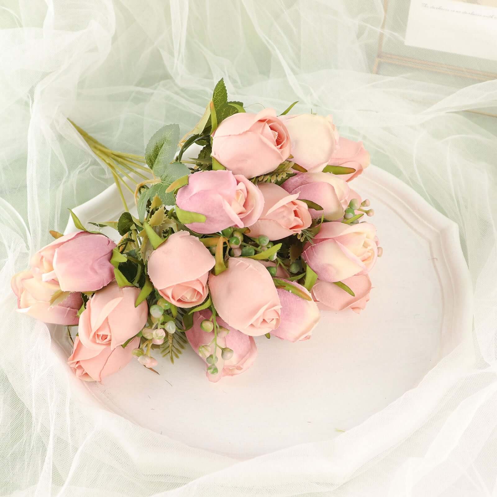 3 Pack 13" Dusty Rose Real Touch Silk Rose Bud Flower Bridal Bouquets, Artificial Floral Bush Arrangements