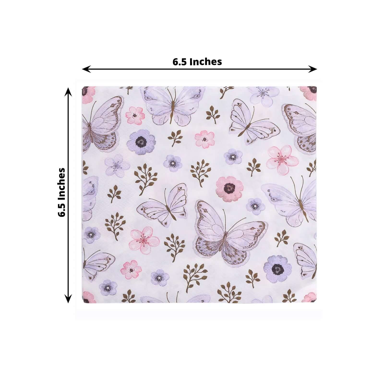 50-Pack Paper Beverage Napkins with Lavender Butterfly Floral Design Ivory - 2 Ply Soft 18GSM Garden Wedding Napkins 6.5"x6.5"