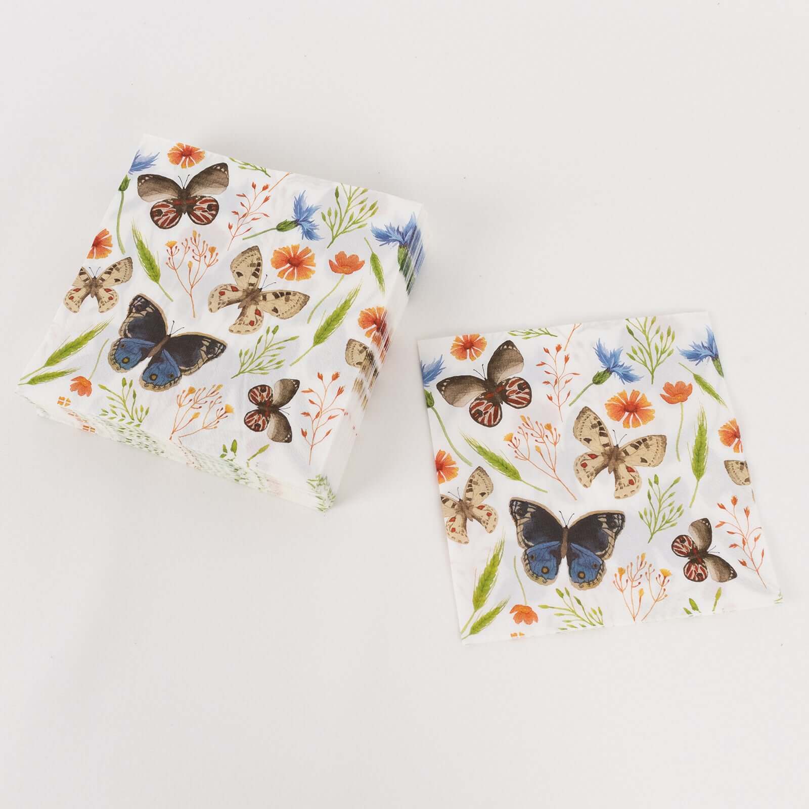 50-Pack Paper Beverage Napkins with Field Herbs and Butterfly Print Ivory - 2 Ply Disposable 18GSM Garden Party Napkins 5"x5"