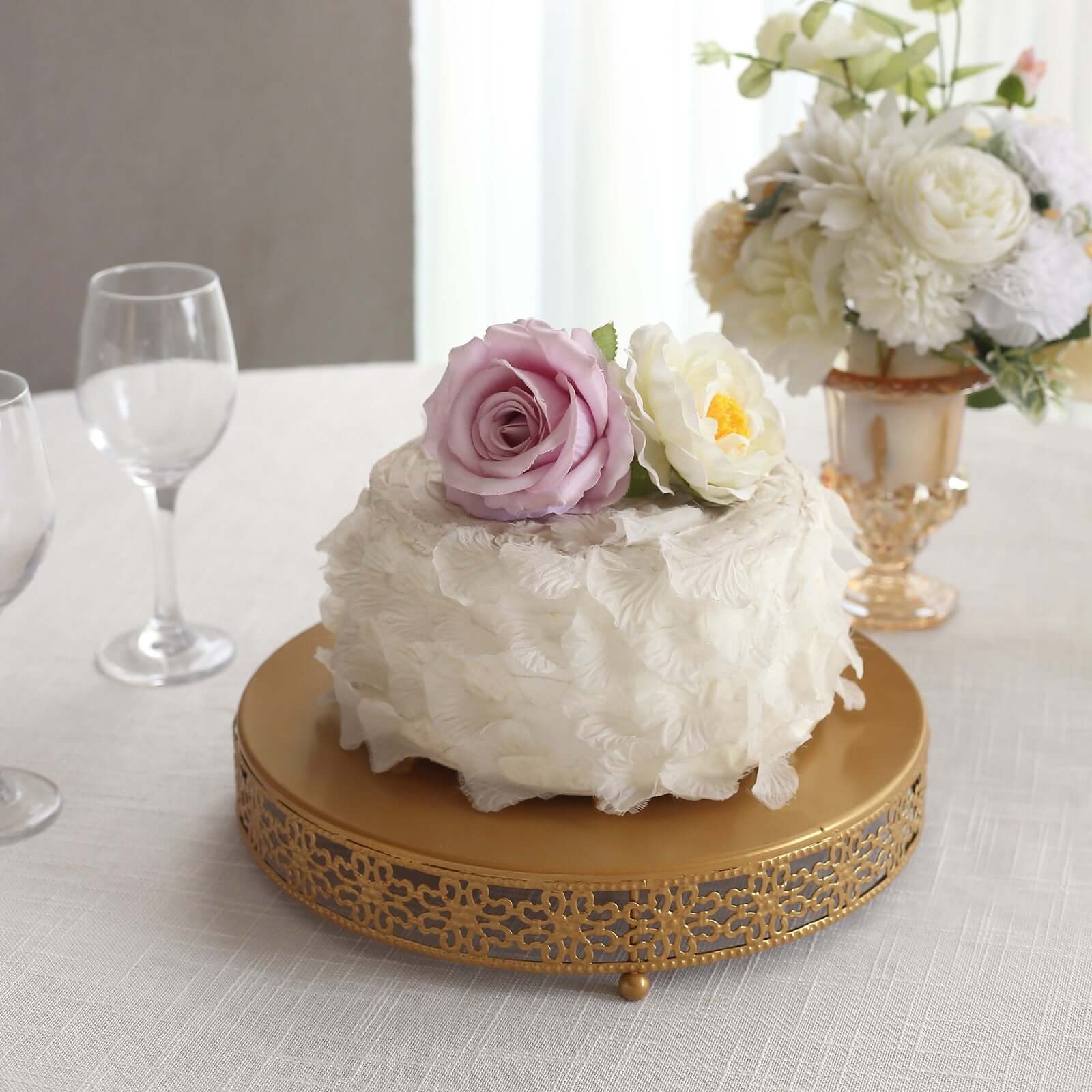 Metal Pedestal Cake Stand Fleur De Lis Round Design Gold - Cupcake Dessert Display Table Centerpiece 12"
