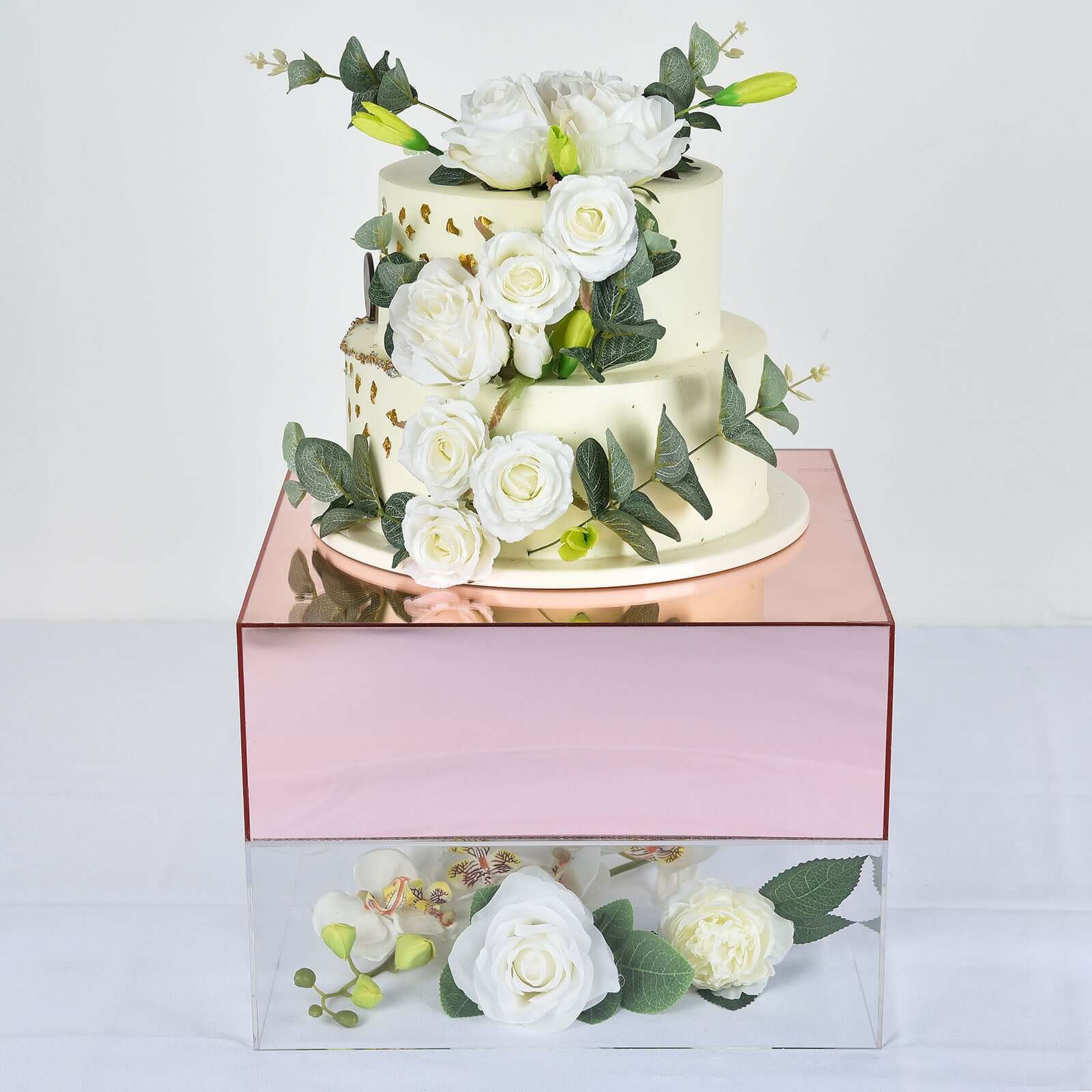 Acrylic Cake Box Stand Pedestal Riser Mirror Finish Rose Gold - Display for Desserts and Events 14"x14"