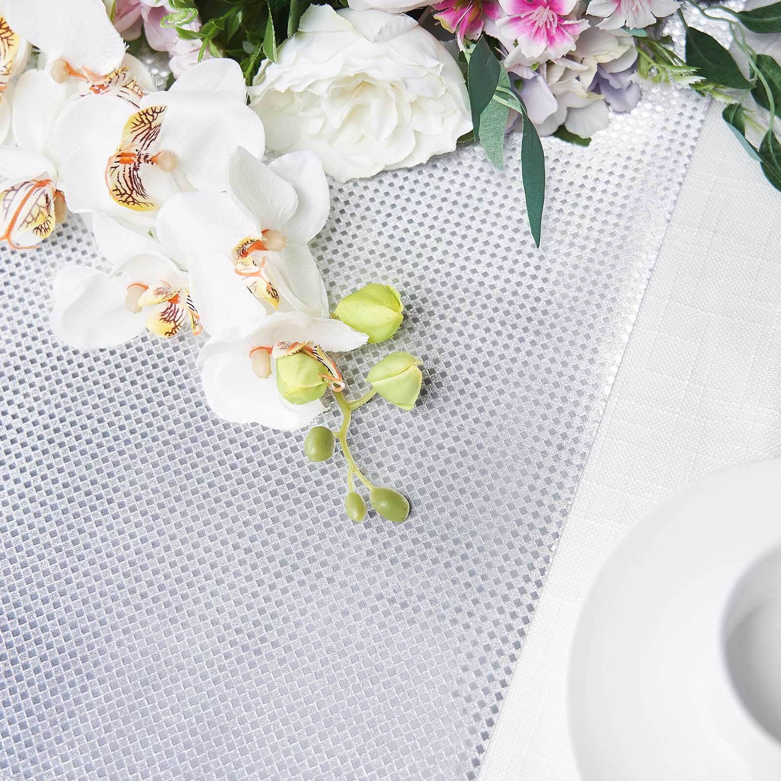 Glitter Paper 9ft Table Runner Roll Silver Disposable Diamond Pattern Table Decor