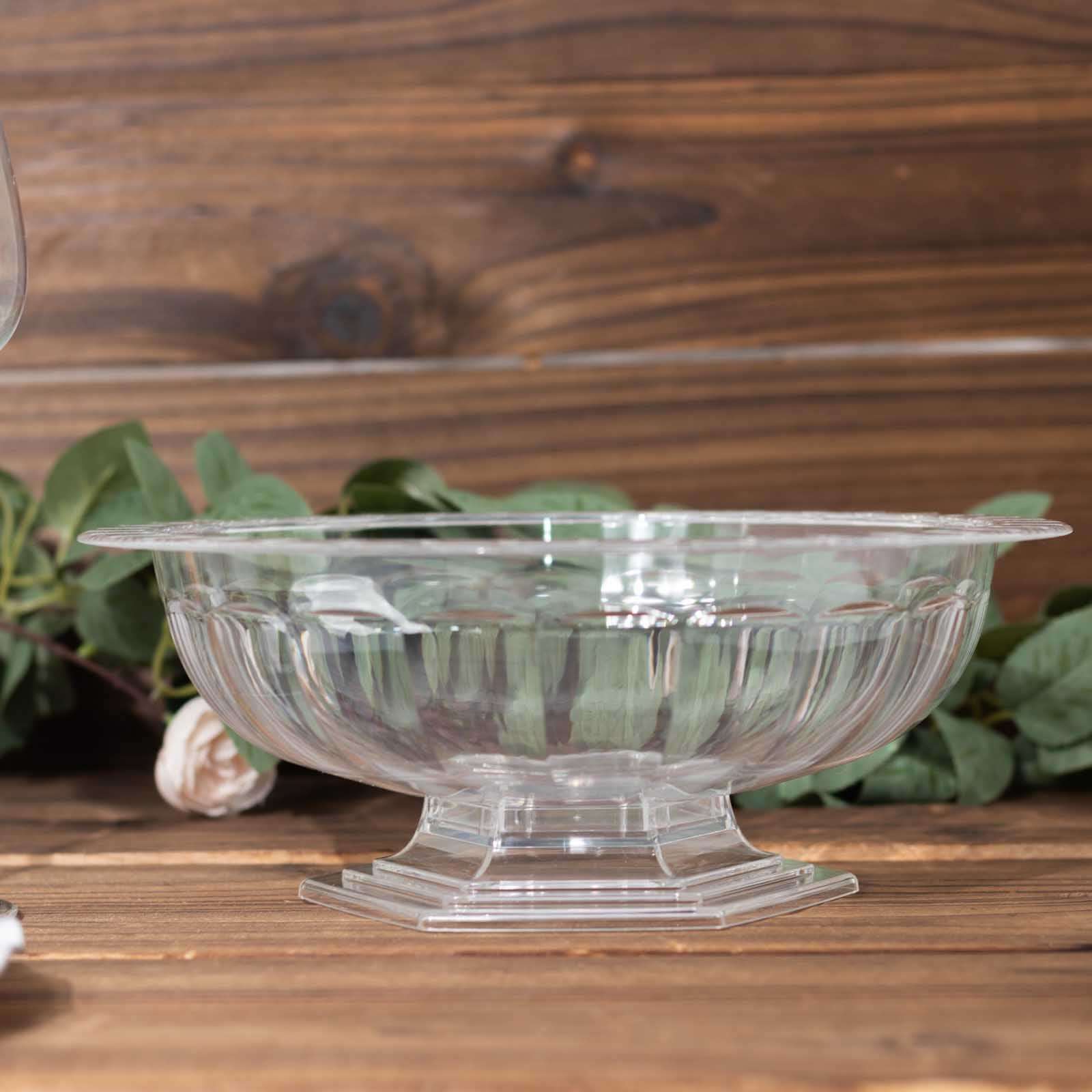 3-Pack Plastic Footed Compote Bowl Flower Vases Roman Style Clear - Round Decorative Pedestal Table Centerpieces 10"