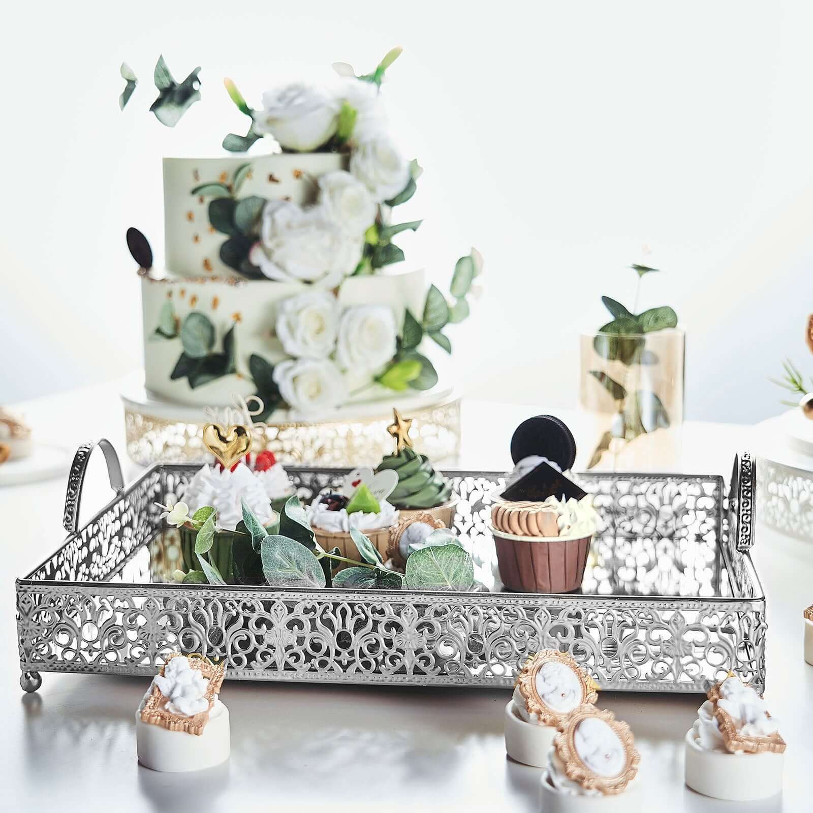 Metal Mirrored Rectangle Serving Tray 16"x12" in Silver Fleur De Lis Design with Handles, French Inspired Decorative Vanity Tray Centerpiece
