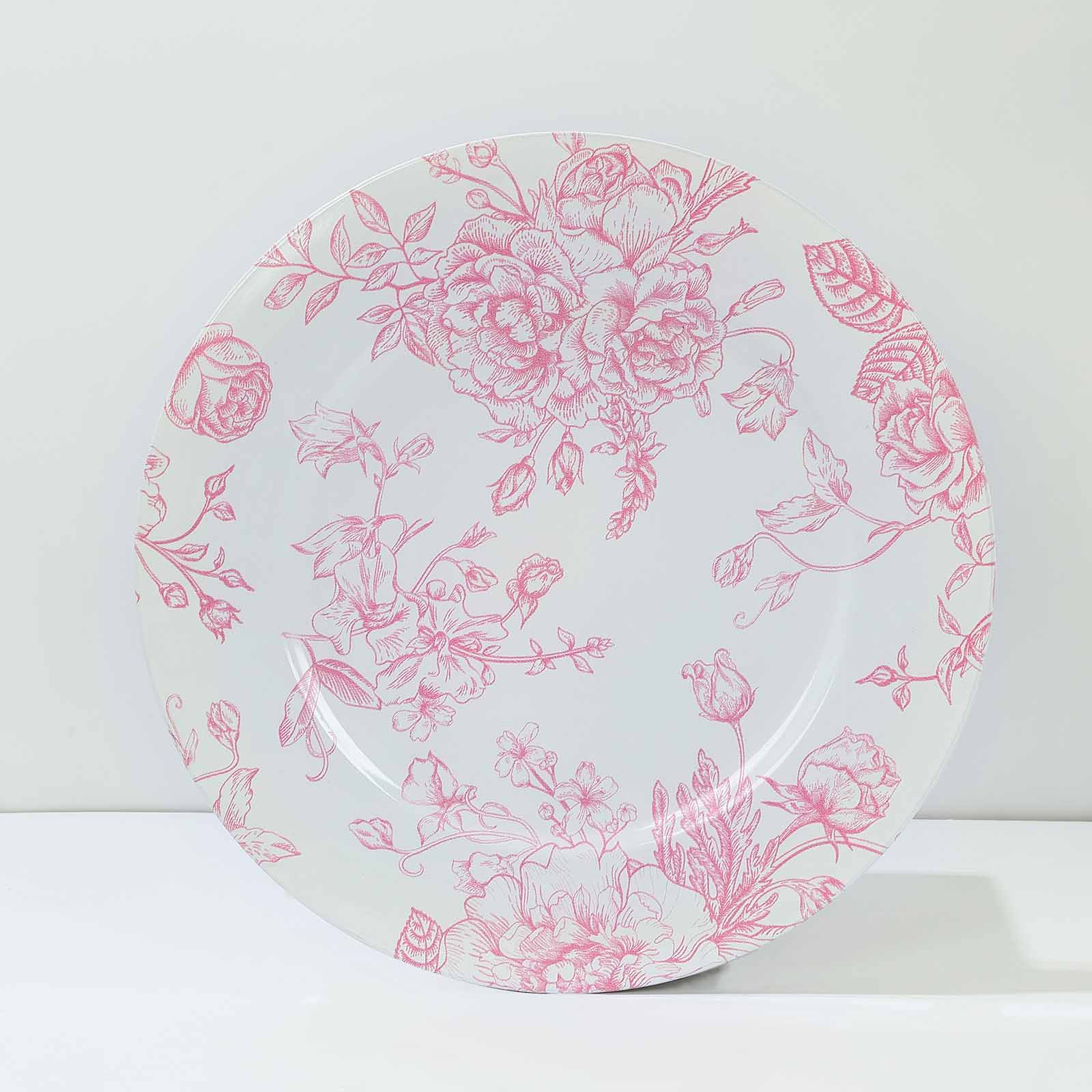 6-Pack Acrylic Round Charger Plates 13" in White with Pink Floral French Toile Pattern, Decorative Dinner Party Charger Tableware
