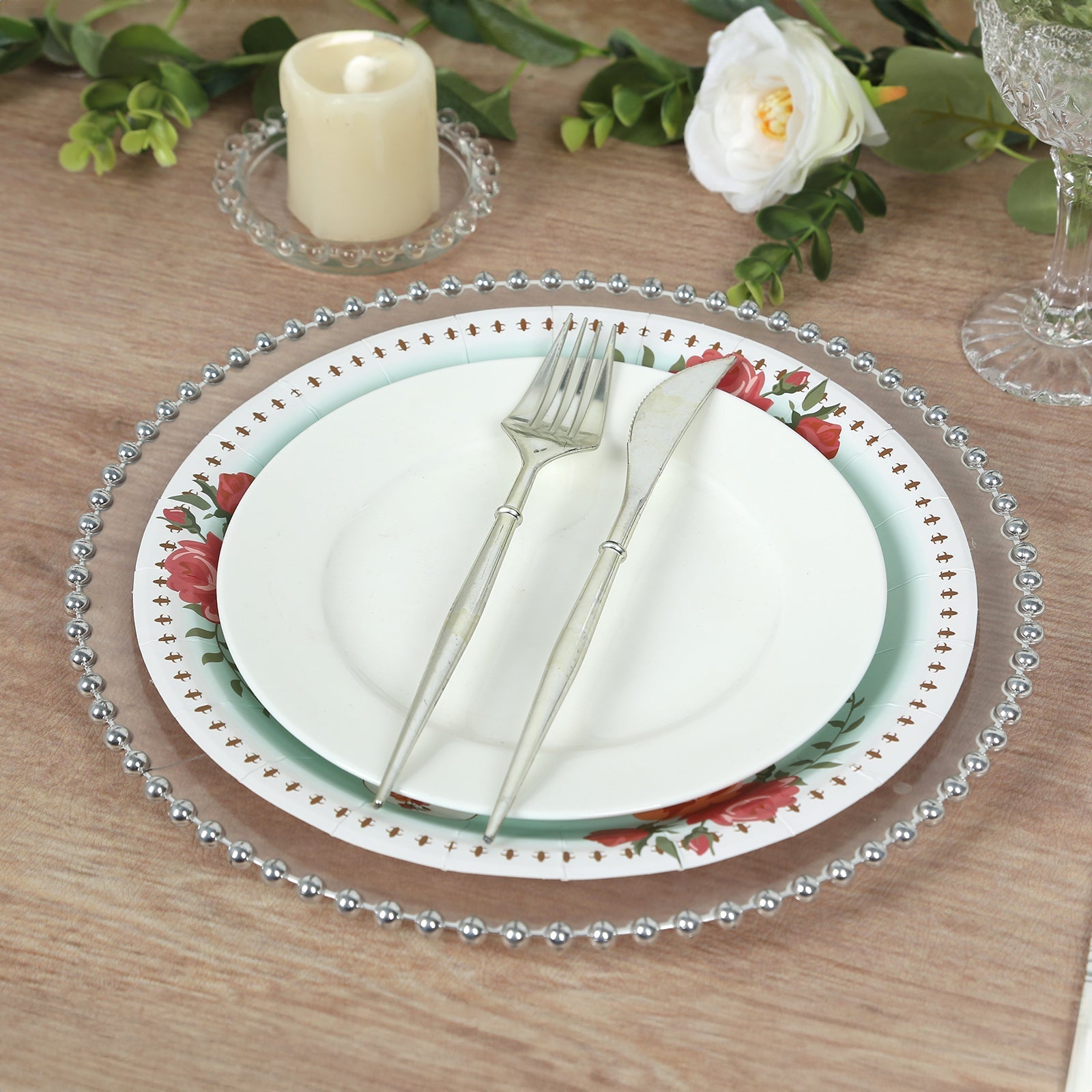 25-Pack Paper 9" Round Dinner Plates in Turquoise with Vintage Rose Flower Print - Disposable Plates for High Tea Gatherings & Romantic Celebrations
