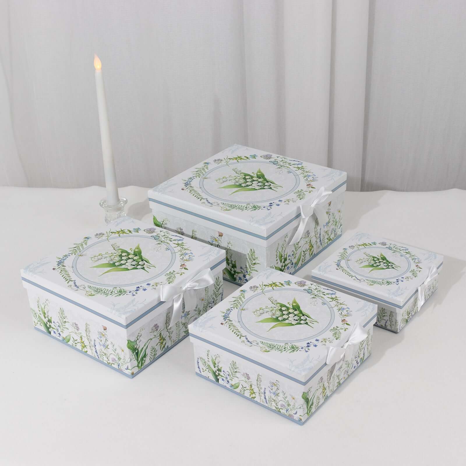 Set of 4 Cardstock Round Nesting Gift Boxes White Green Floral Design - Decorative Heavy Duty Stackable Keepsake Boxes With Lids for Presents Storage & Pedestal Stand 5",7",8",9"