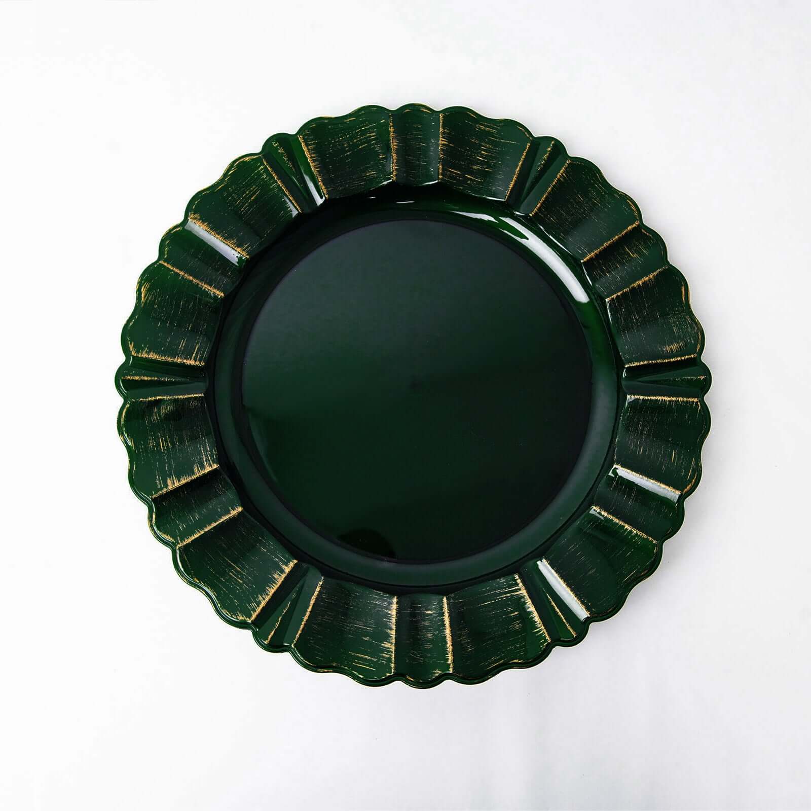 6-Pack Acrylic Plastic Round Charger Plates 13" in Hunter Emerald Green with Gold Brushed Wavy Scalloped Rim, Decorative Dinner Party Charger Tableware