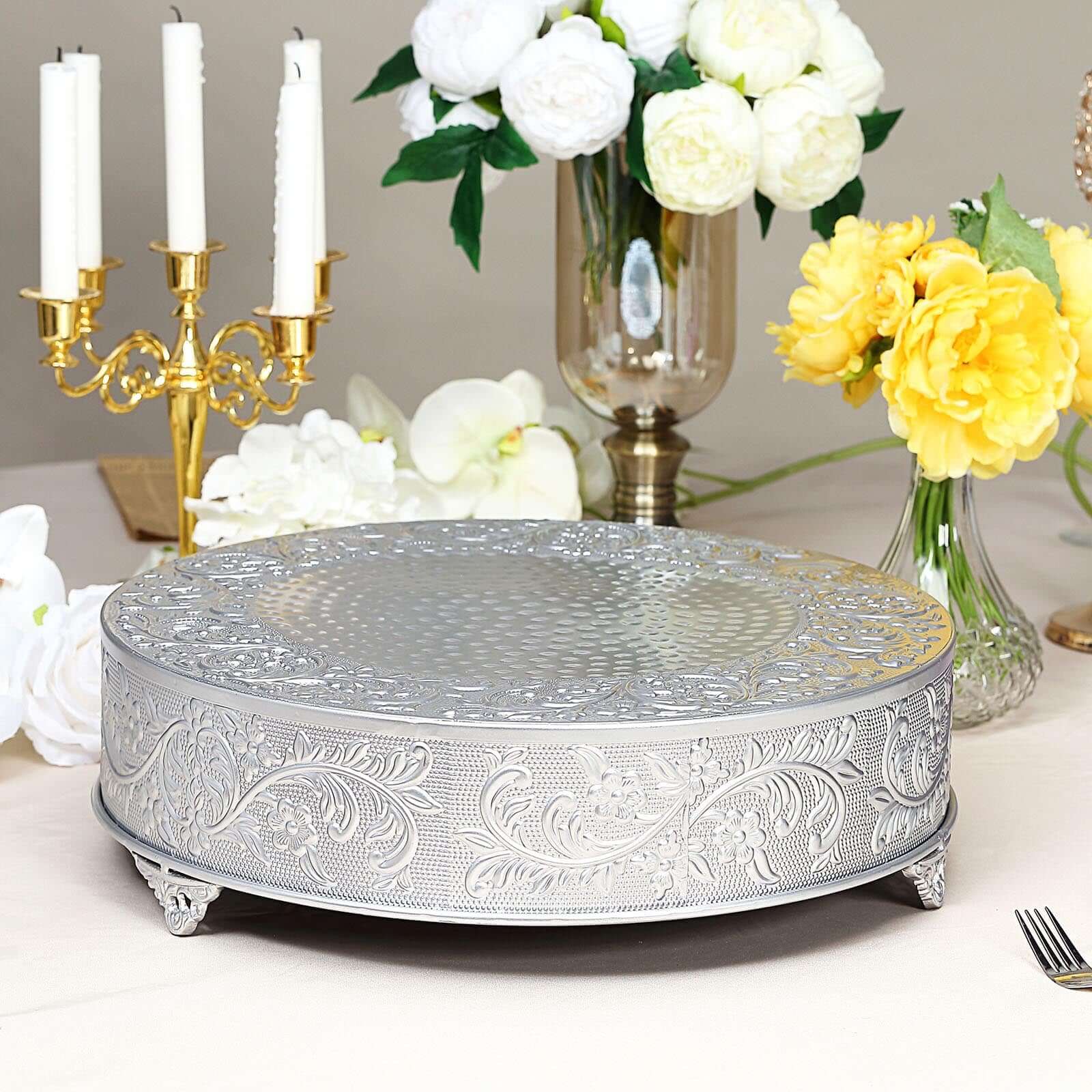Metal 18" Round Cake Pedestal Stand Matte Silver - Cupcake Dessert Display Riser with Intricate Embossed Design for Upscale Events & Gatherings