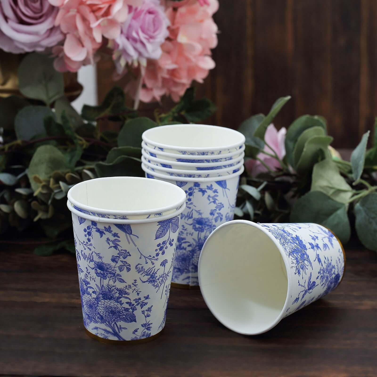 24 Pack Disposable Paper Cups in White Royal Blue French Toile Pattern with Gold Rim, Elegant Party Cups - 9oz