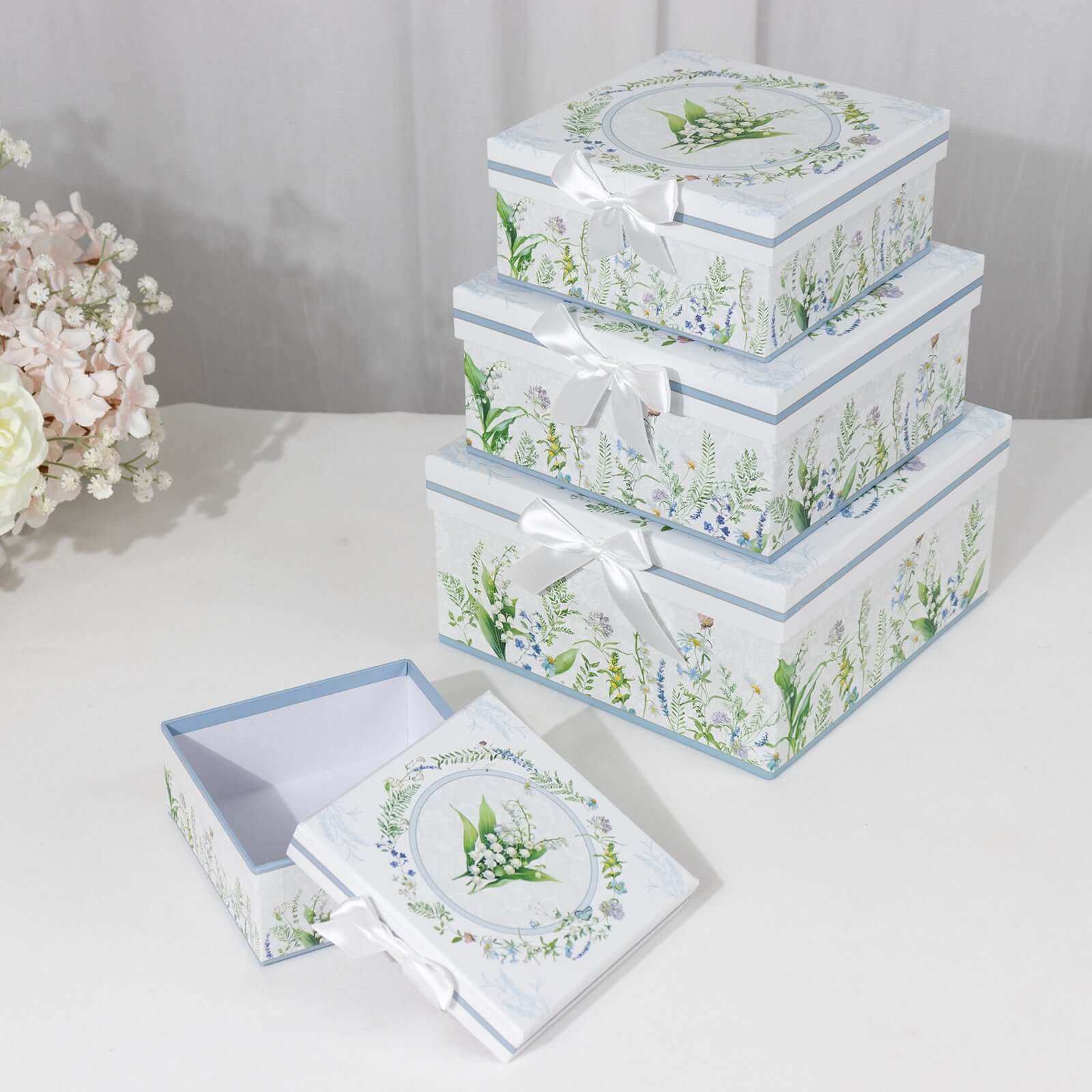 Set of 4 Cardstock Round Nesting Gift Boxes White Green Floral Design - Decorative Heavy Duty Stackable Keepsake Boxes With Lids for Presents Storage & Pedestal Stand 5",7",8",9"