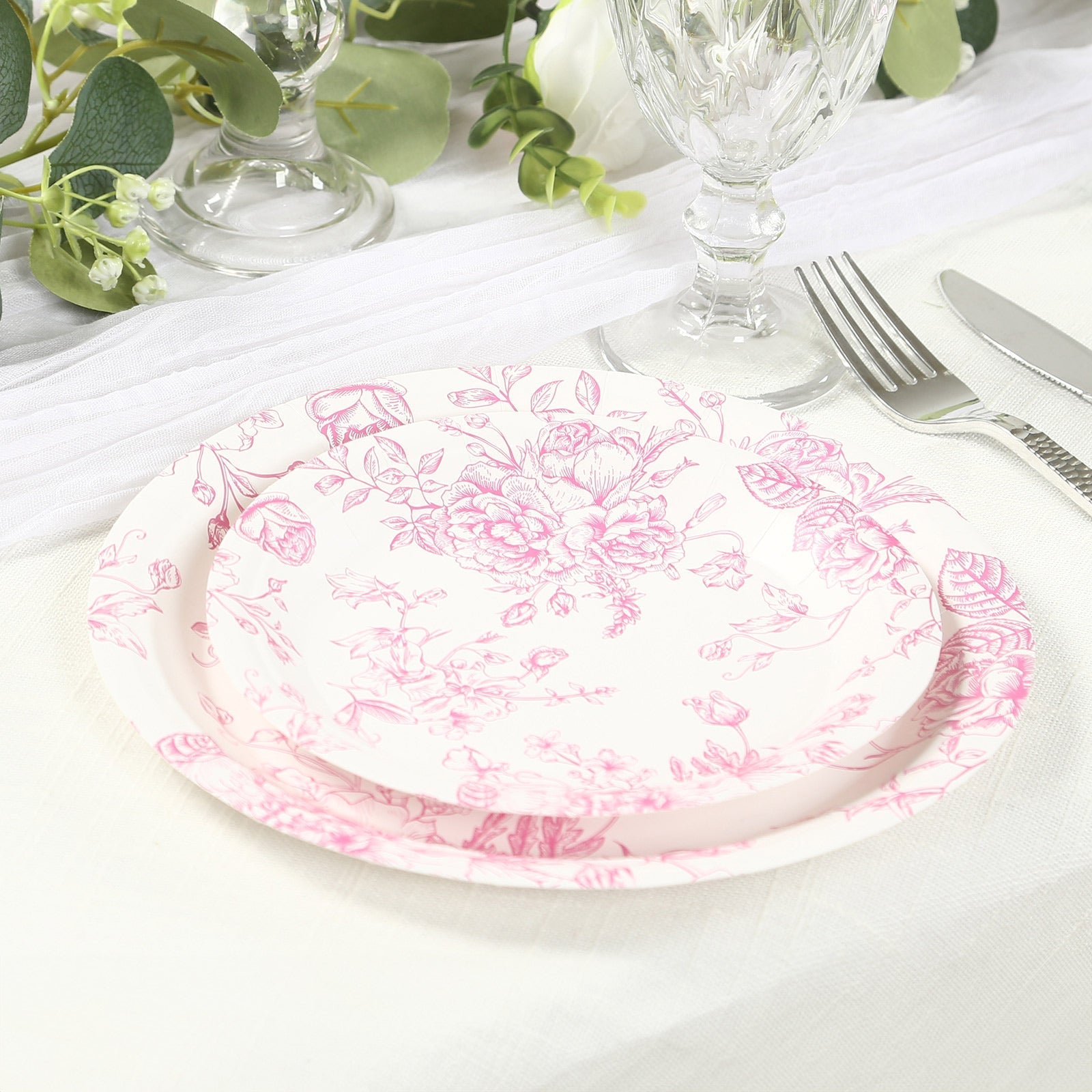 25-Pack Paper 7" Round Dessert Plates in White with Matte Pink French Toile Pattern - Disposable Floral Salad Appetizer Plates