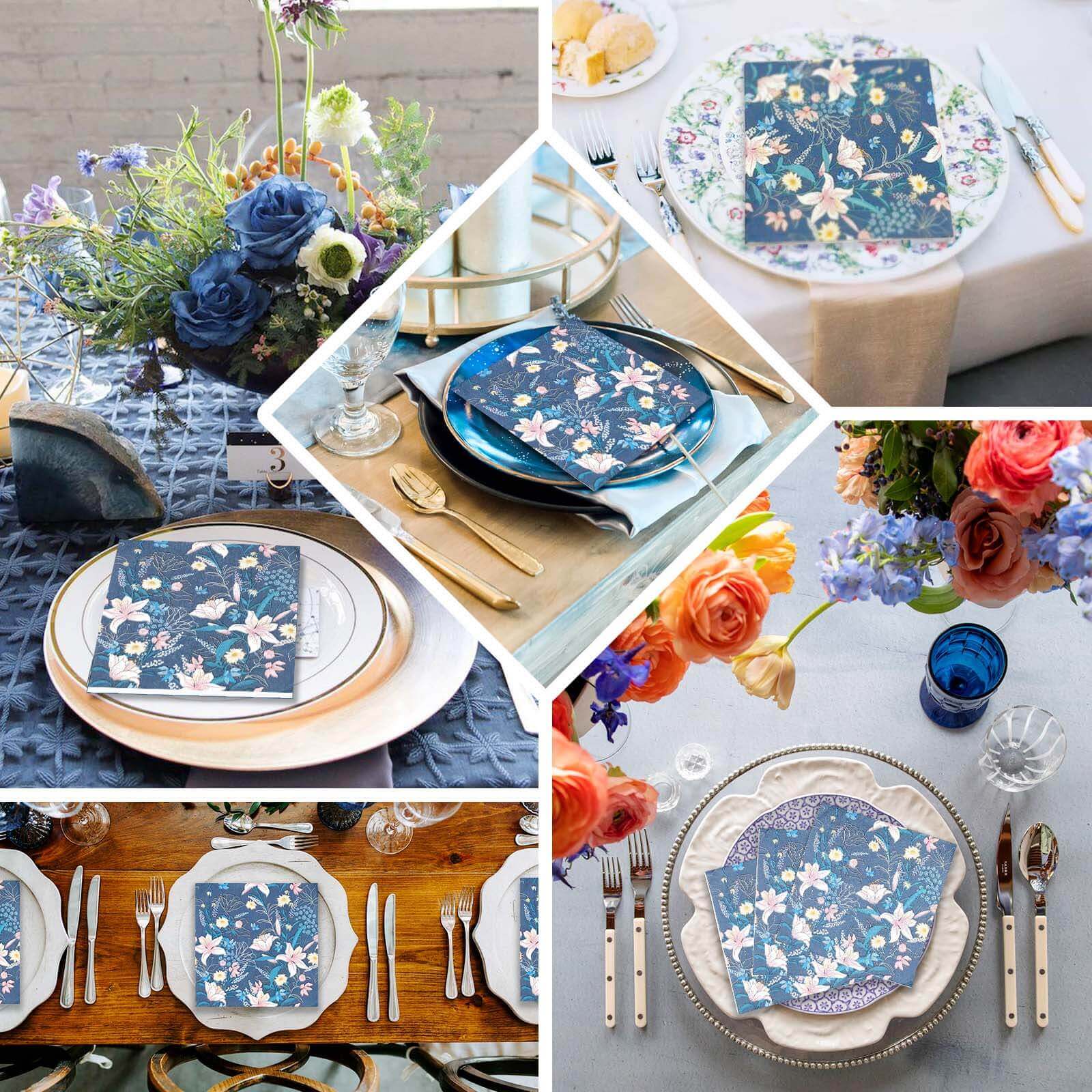 50-Pack Paper Beverage Napkins with Water Lily Floral Design Navy Blue - 2 Ply Soft 18GSM Wedding Napkins 6.5"x6.5"