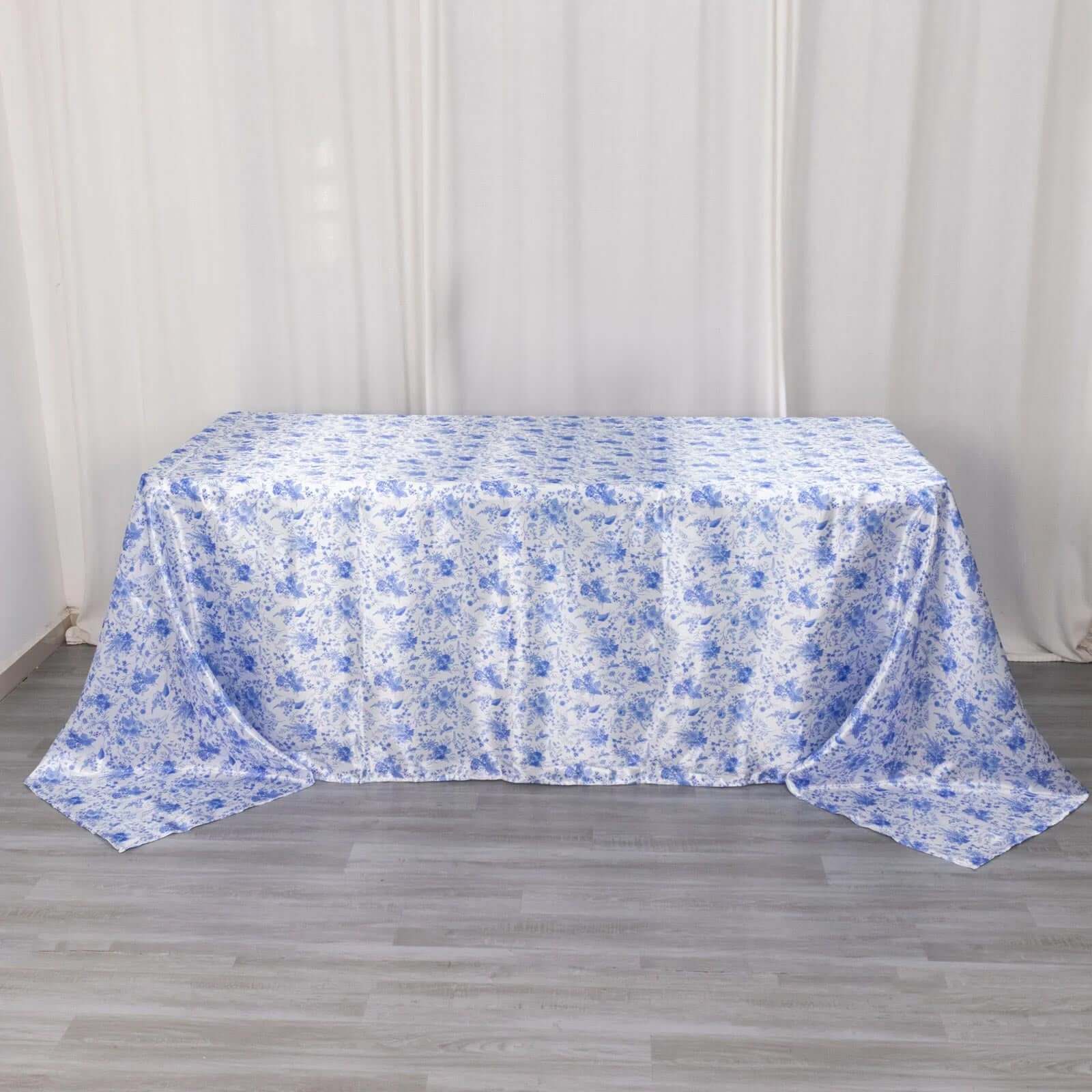 Satin Round 90"x132" Tablecloth White/Blue French Toile Design - Seamless Stylish & Wrinkle-Resistant Table Cover
