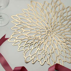 6-Pack Dining Table Mats Floral Design Gold - Metallic Vinyl Round Non-Slip Mats for Tables 15"