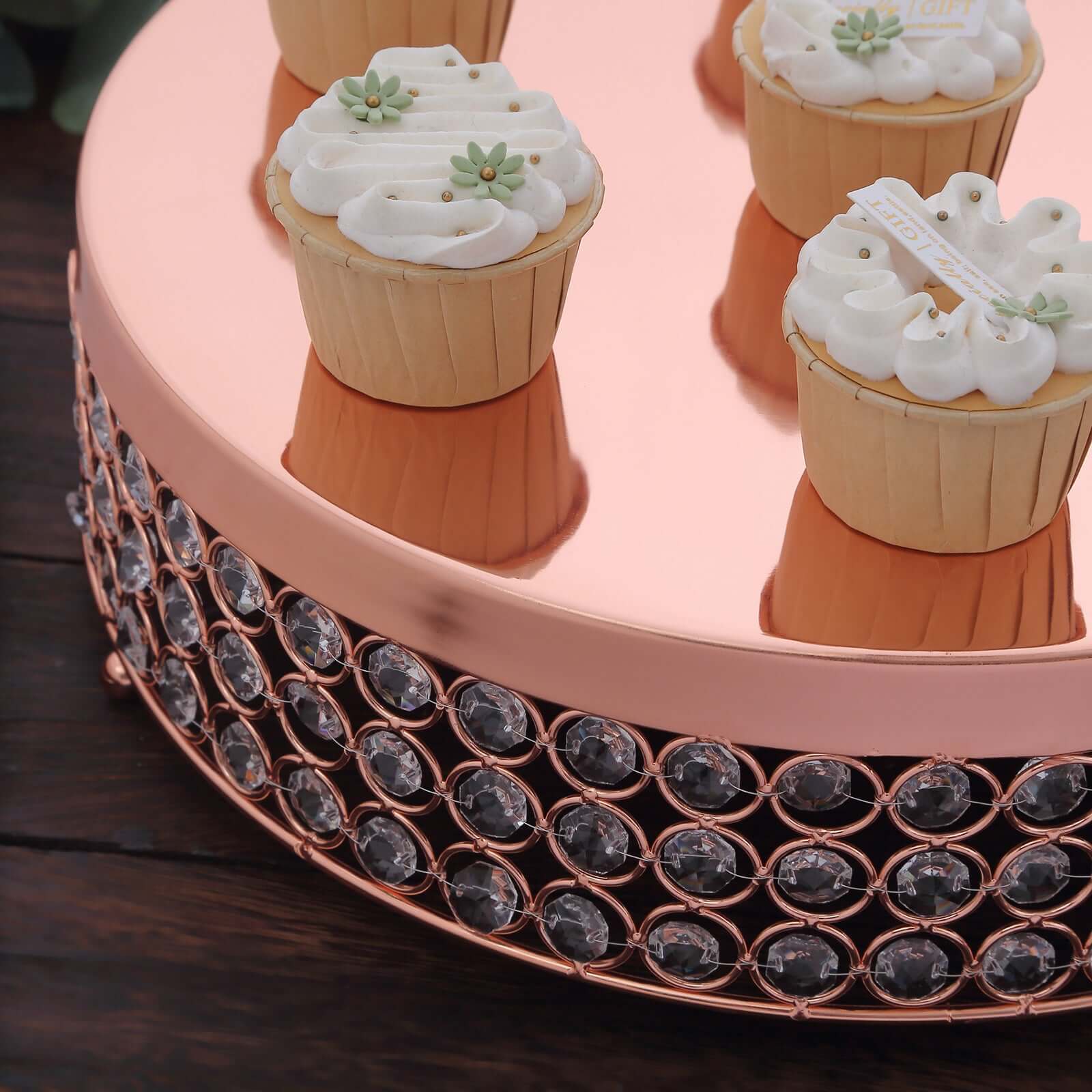 Metal Cake Stand Pedestal Crystal Beaded Design Rose Gold - Cupcake Display and Dessert Riser 13"