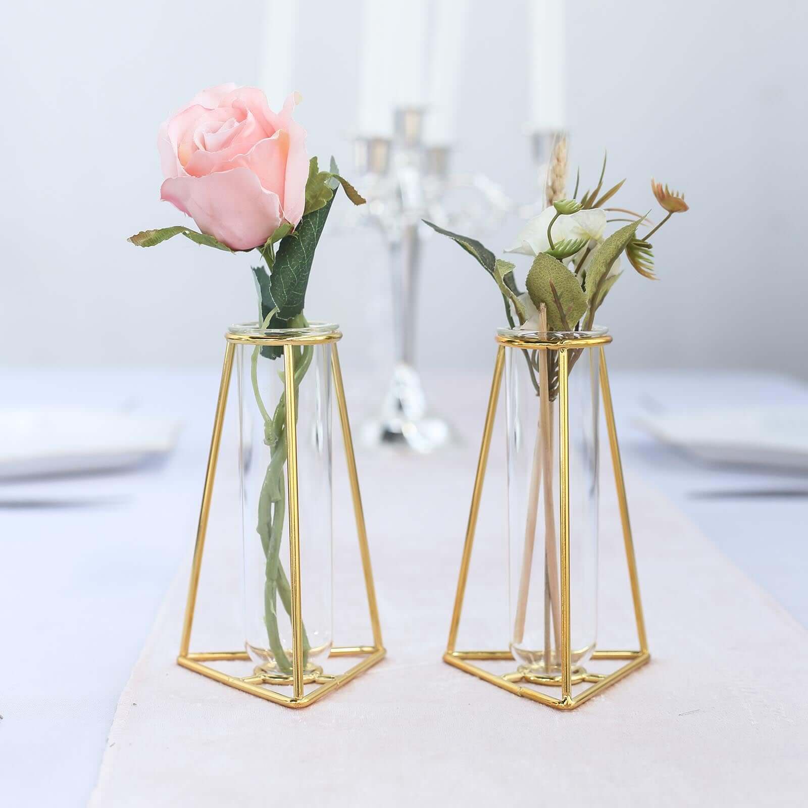 2-Pack Mini Wedding Centerpieces Gold Metal Frame Triangular Geometric Design - Test Tube Bud Vases 6"