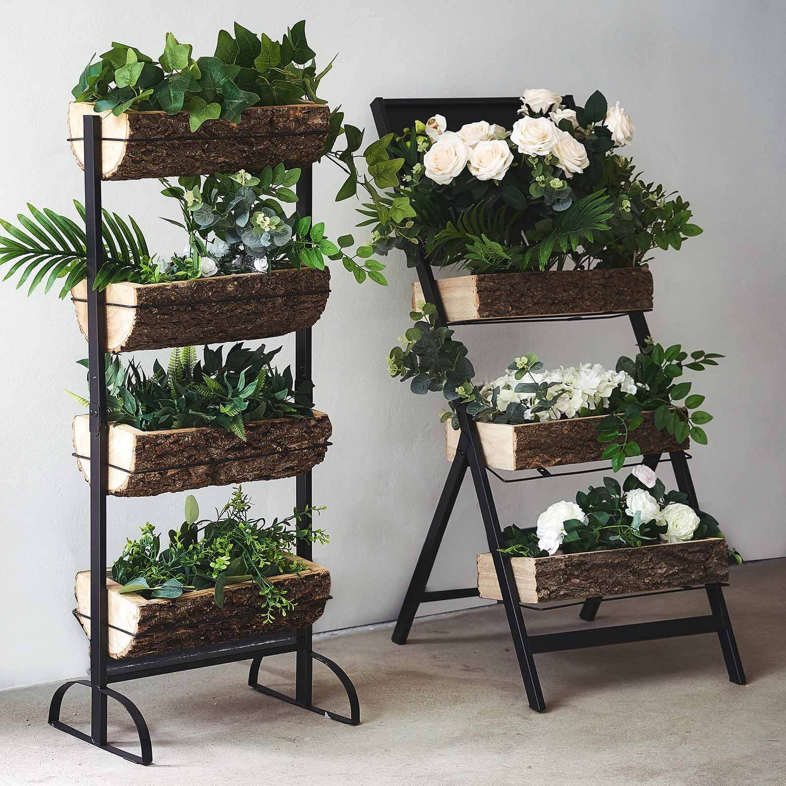 42" 4-Tier Metal Ladder Plant Stand With Natural Wooden Log Planters