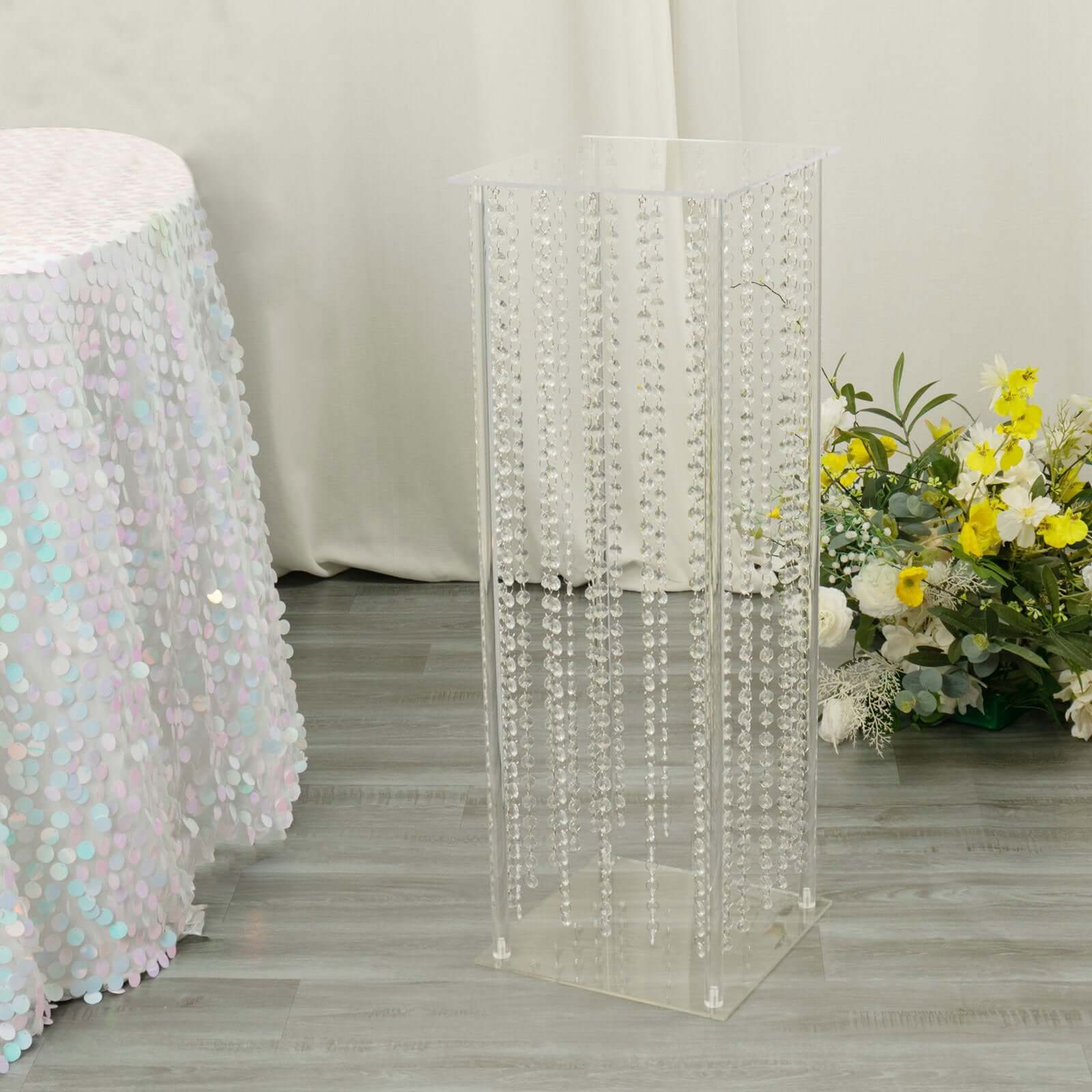 Acrylic Flower Pedestal Vase Pillar Stand with Crystal Beads Clear - Decorative Wedding Floor Centerpiece 32"
