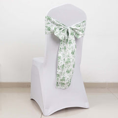 5 Pack Polyester Chair Sashes Dusty Sage Green French Toile Floral Design - Stylish Durable and Reusable Chair Bows 6"x108"