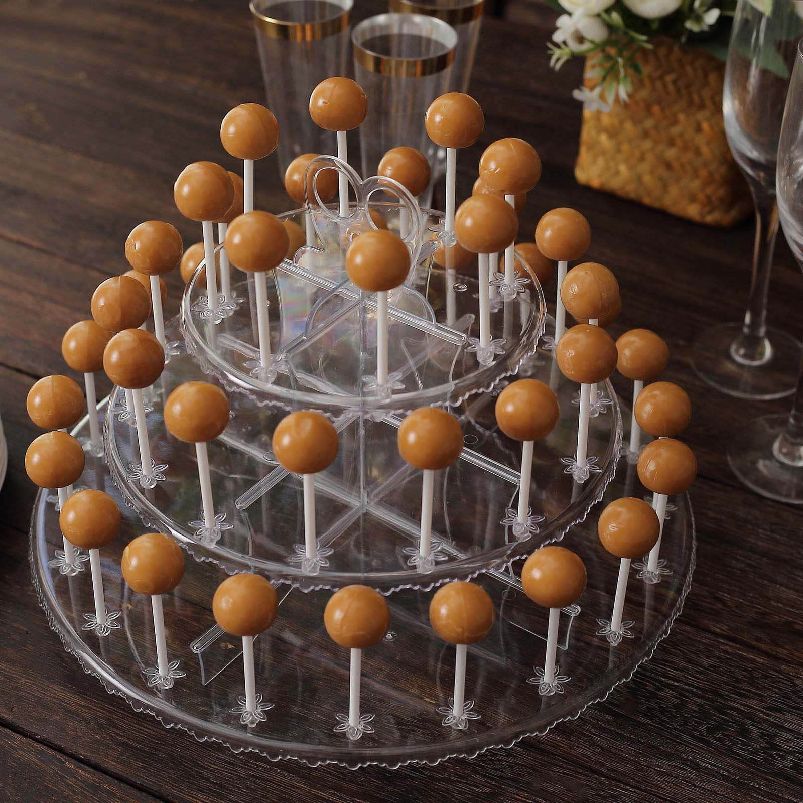 3-Tier Plastic Cucpake & Cake Pop Stand Clear - Decorative Reusable Lollipop Holder Dessert Tower with Floral Edges for Birthday Baby Shower & Tea Parties 12"