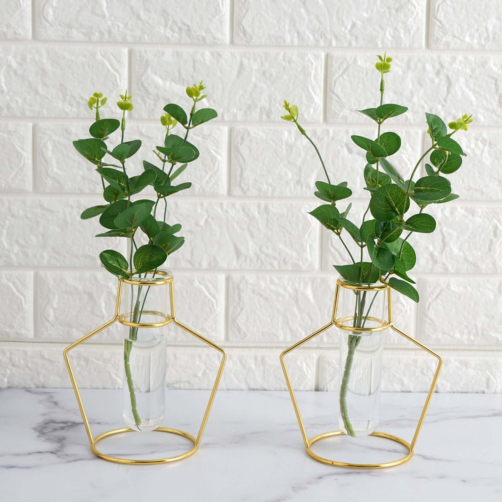 2-Pack Flower Stands Gold Metal Frame Geometric Design - Test Tube Vase Centerpieces 6.5"