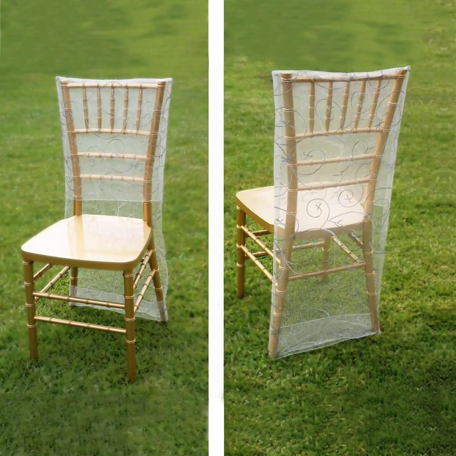 Organza Chair Slipcover with Satin Embroidery for Chiavari Chairs White - Stylish Wedding Chair Back Cover