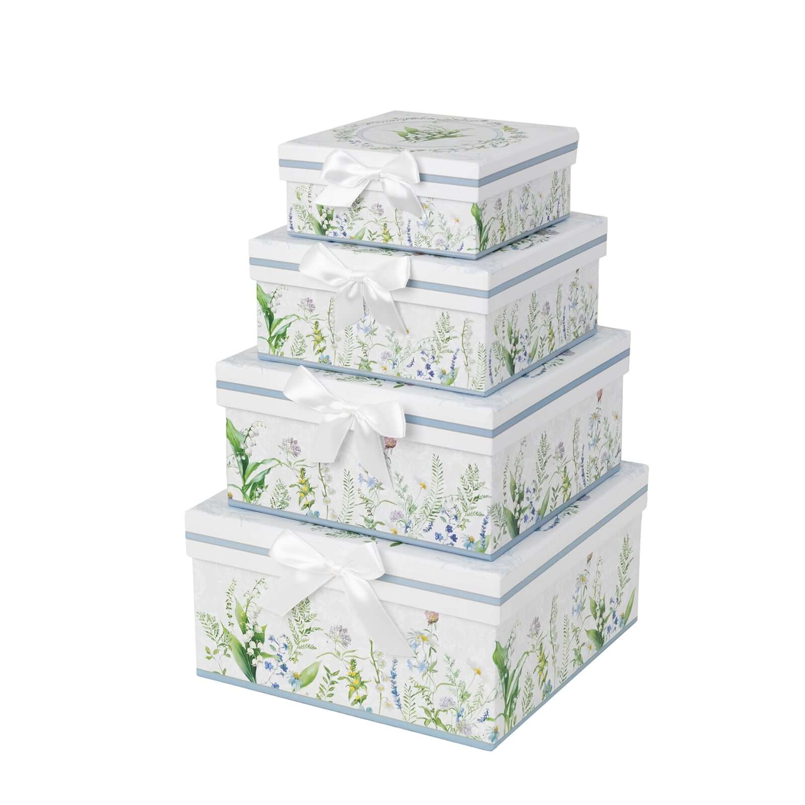 Set of 4 Cardstock Round Nesting Gift Boxes White Green Floral Design - Decorative Heavy Duty Stackable Keepsake Boxes With Lids for Presents Storage & Pedestal Stand 5",7",8",9"