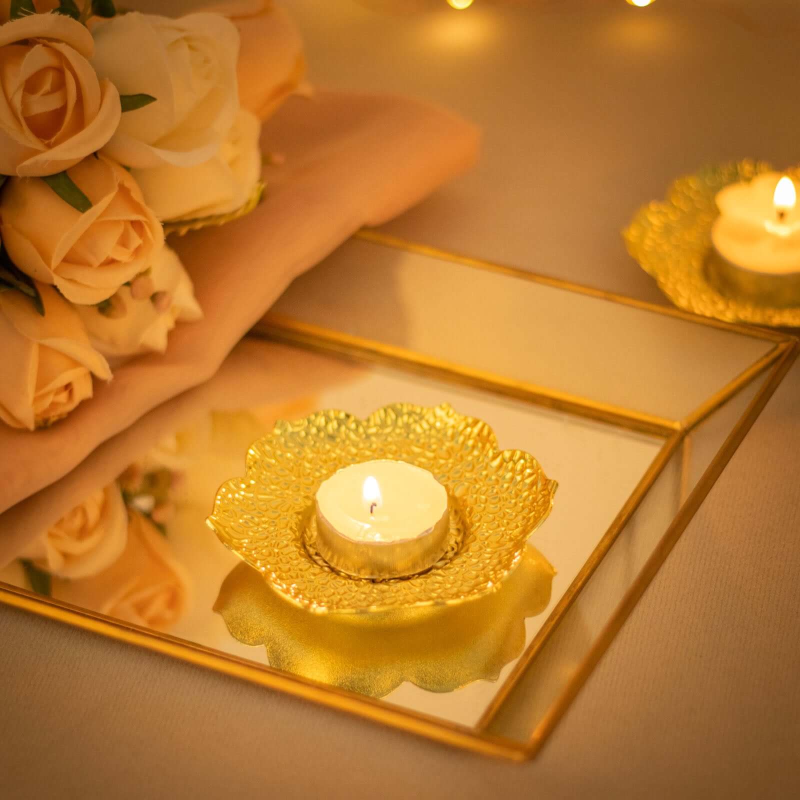 3-Pack Metal Votive Candle Holders Plum Blossom Design Shiny Gold - Vintage Mini Tea Cup Saucers 4"