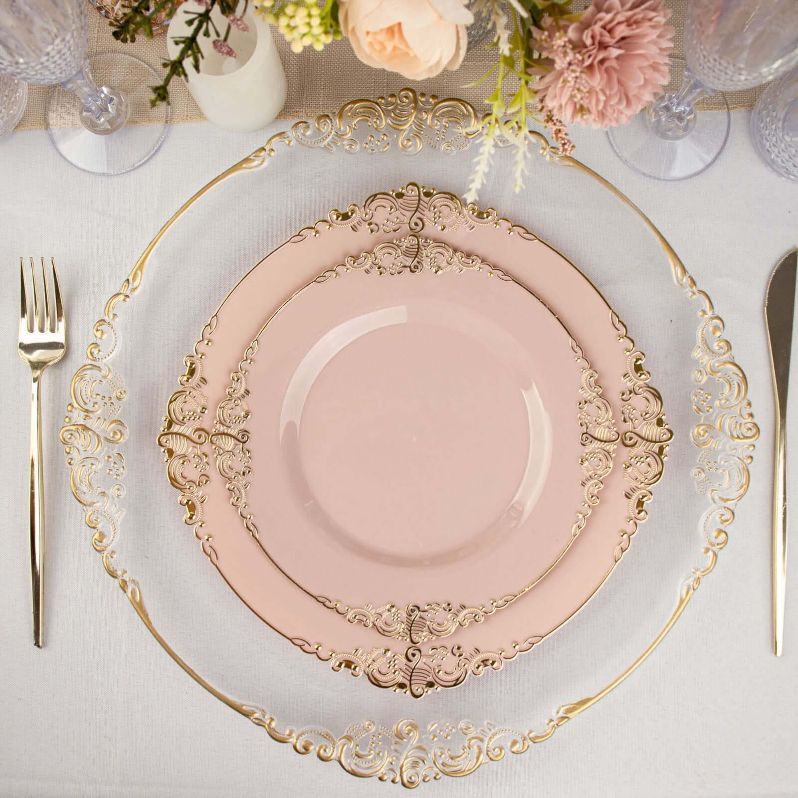 10-Pack Plastic 8" Round Dessert Plates in Blush with Gold Leaf Embossed Rim - Disposable Vintage Baroque Style Salad Plates