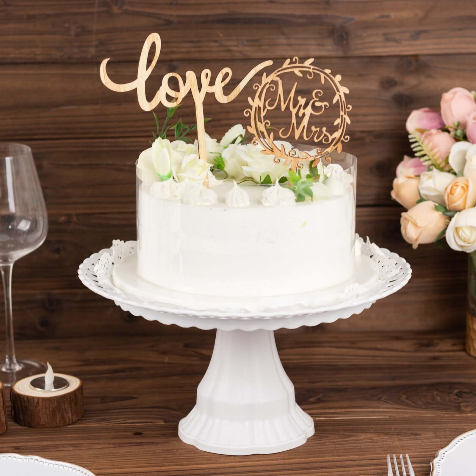 Set of 2 Wooden Cake Toppers Mr & Mrs and Love Design Natural - Rustic Wedding Cupcake Decorations