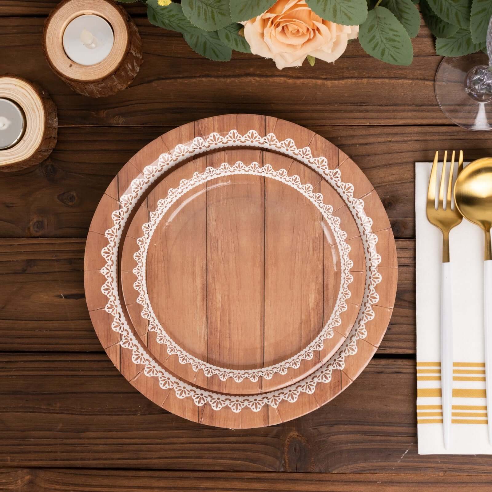 25-Pack Paper 7" Round Dessert Plates in Brown Wood Grain Print with White Floral Lace Rim - Disposable Appetizer Salad Plates for Rustic Farmhouse Style Events