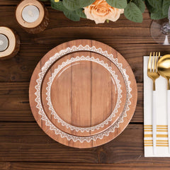 25-Pack Paper 7" Round Dessert Plates in Brown Wood Grain Print with White Floral Lace Rim - Disposable Appetizer Salad Plates for Rustic Farmhouse Style Events