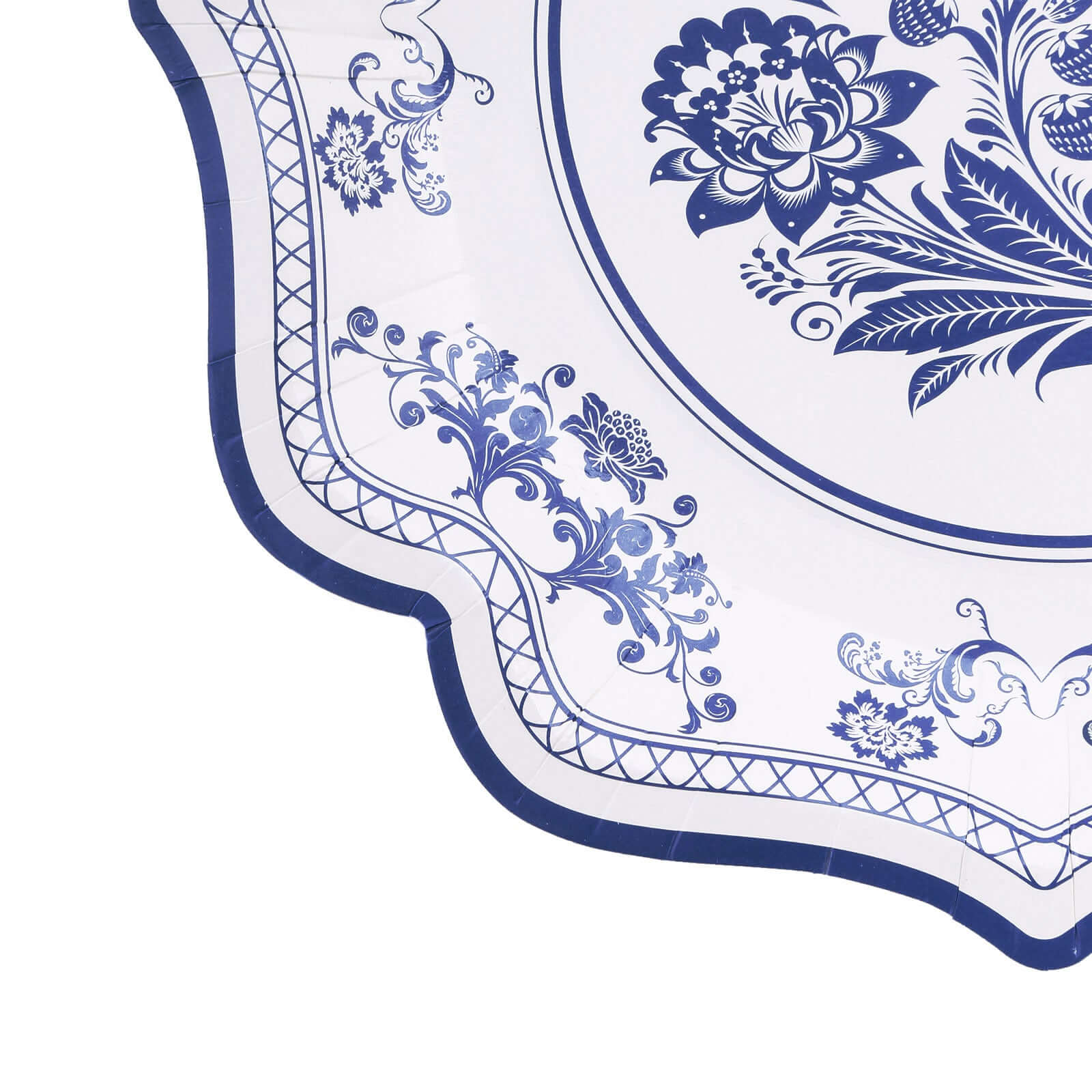 25-Pack Paper Dinner Plates in White Light Blue Damask Floral Print & Scallop Rim - Stylish Disposable 300GSM Floral Party Plates 10"