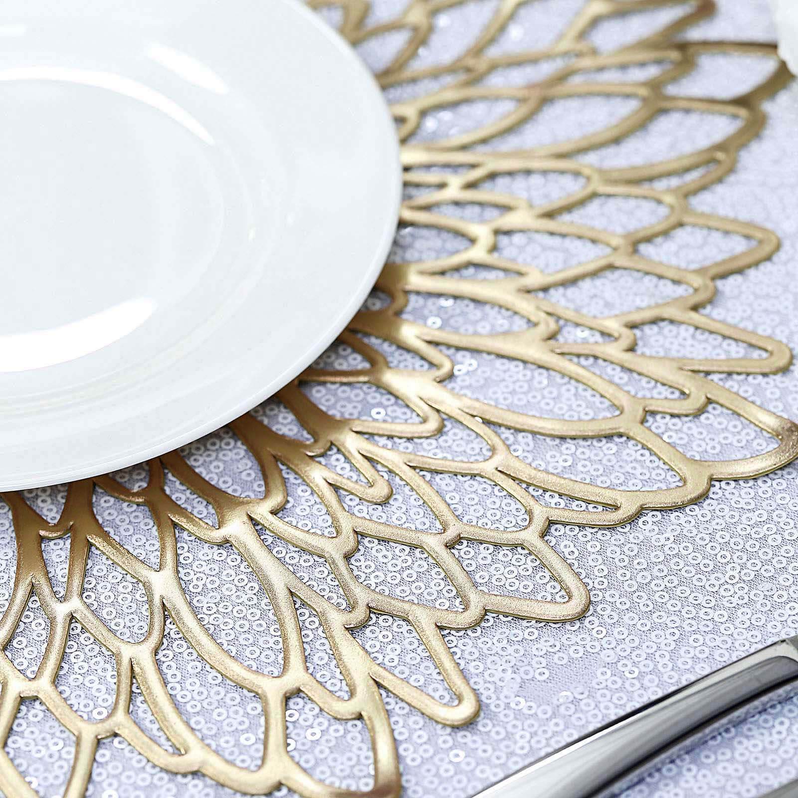 6-Pack Dining Table Mats Floral Design Gold - Metallic Vinyl Round Non-Slip Mats for Tables 15"