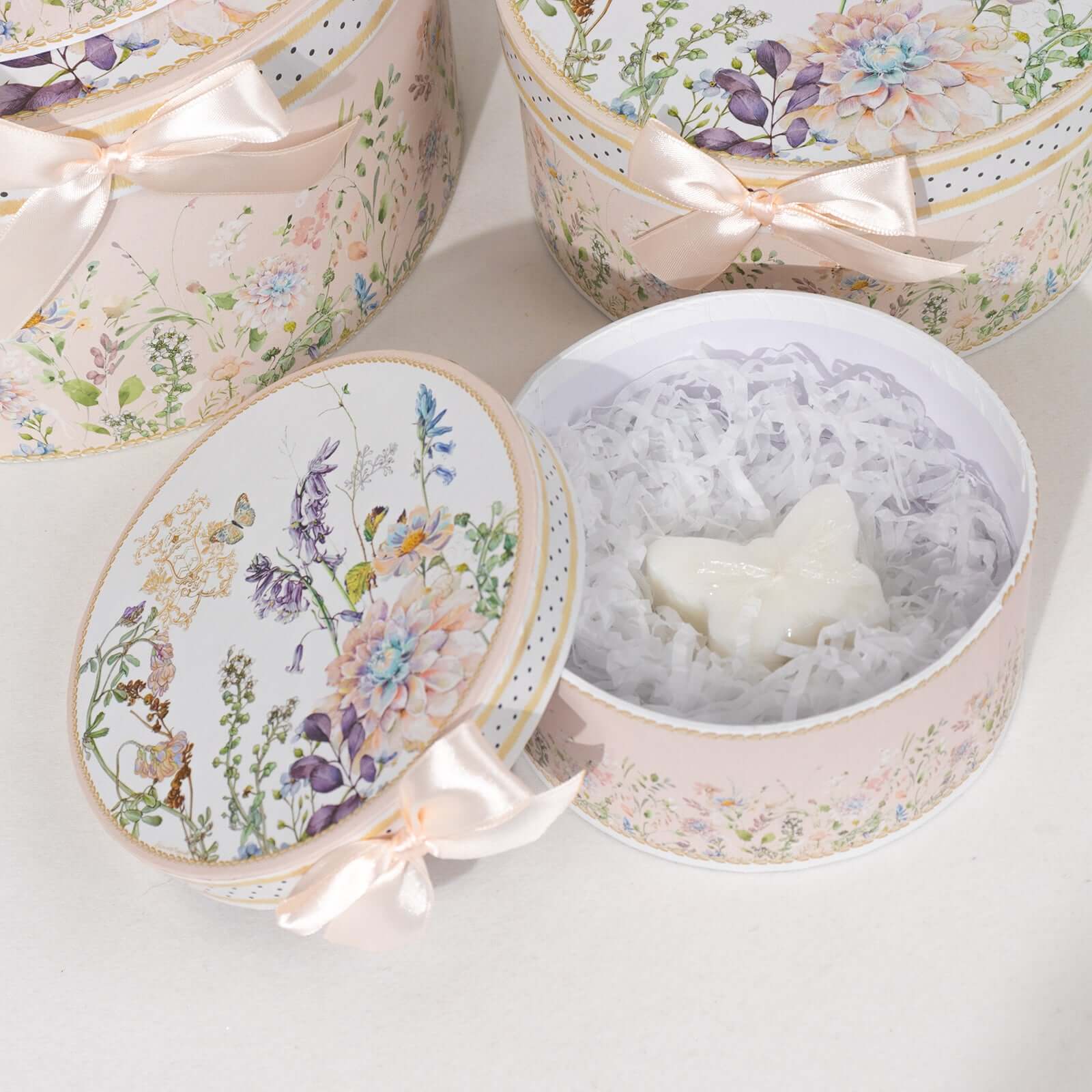Set of 4 Cardstock Round Nesting Gift Boxes Blush Floral Design - Decorative Heavy Duty Stackable Keepsake Boxes With Lids for Presents Storage & Pedestal Stand 5",7",8",9"
