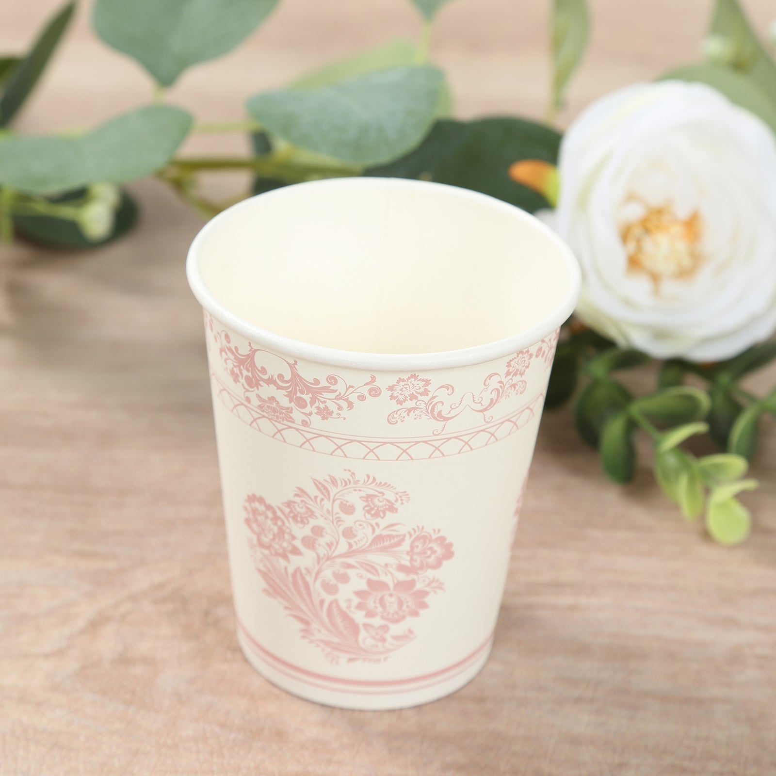 24 Pack Disposable Paper Cups in White Pink French Toile Pattern, Elegant Party Cups - 9oz
