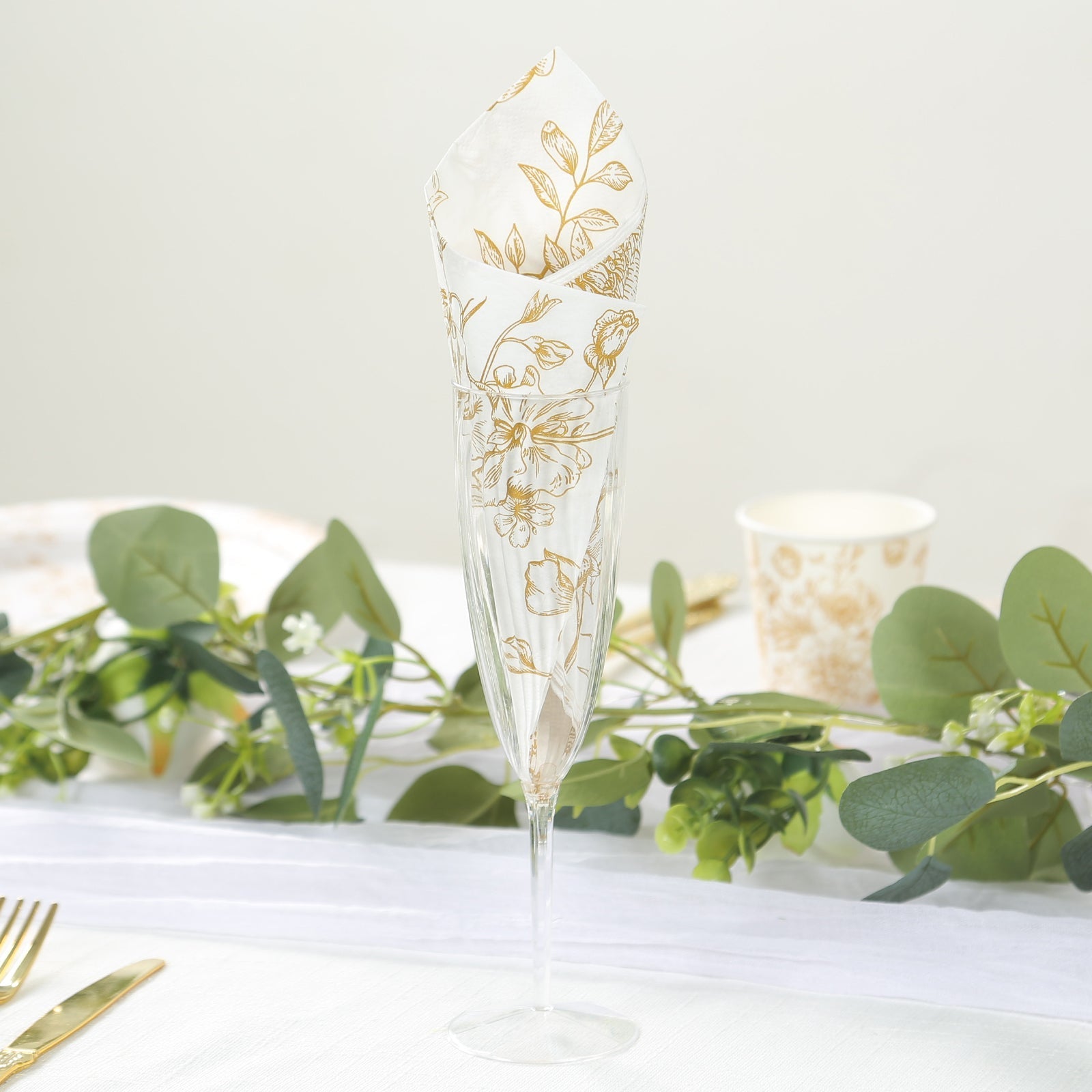 50-Pack Paper Cocktail Napkins with French Toile Floral Pattern White/Gold - Soft 2 Ply Beverage Napkins for Events