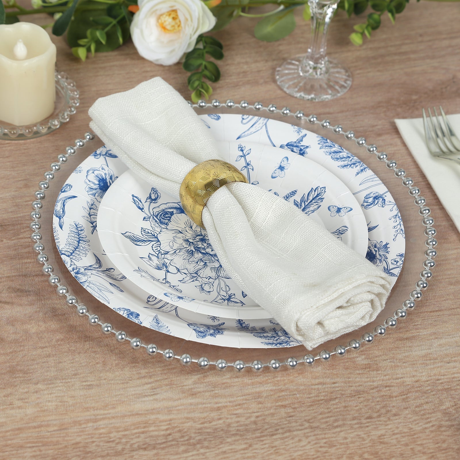 50-Pack Paper Round Dessert and Dinner Plates in White with Blue French Toile Pattern - Vintage Style Disposable Party Plates Set for High Tea Events & Classy Occasions 7", 9"