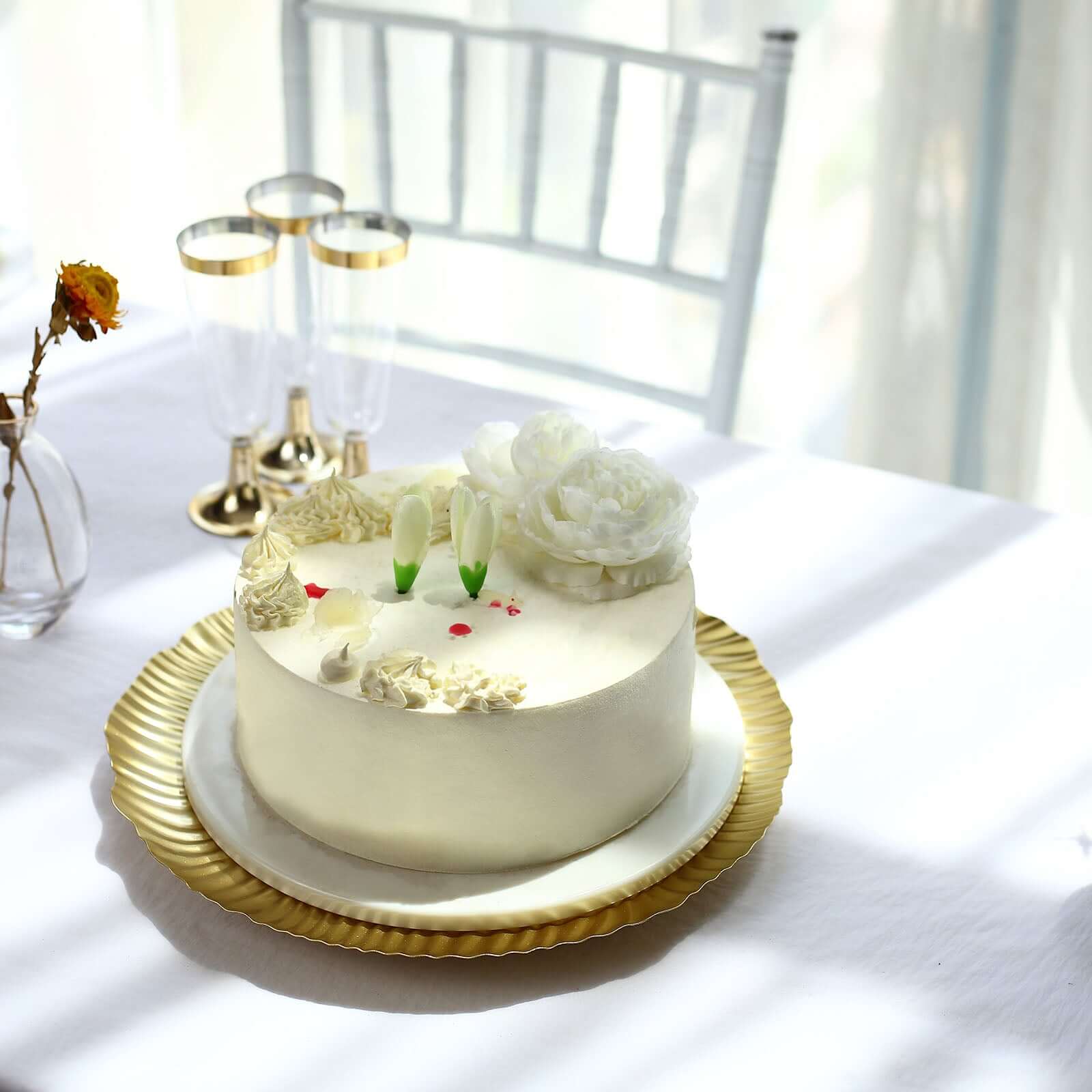 Metal Round Serving Tray 12" in Gold Floral Pattern with Wavy Rim, Pedestal Dessert Display with Hairpin Legs