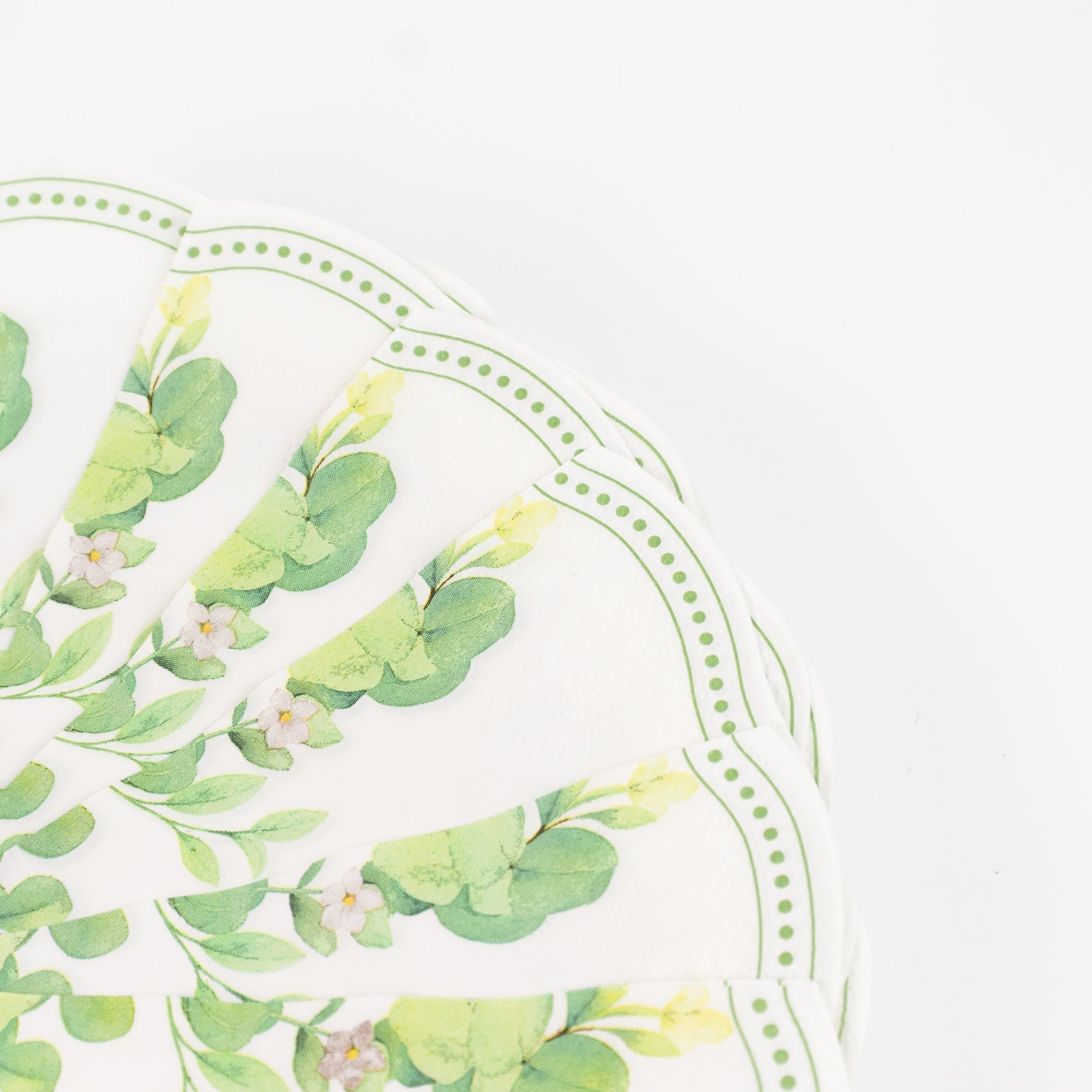 25-Pack Round Paper Cocktail Napkins with Floral Greenery and Scalloped Edge White - Disposable 2 Ply Beverage Napkins 12"