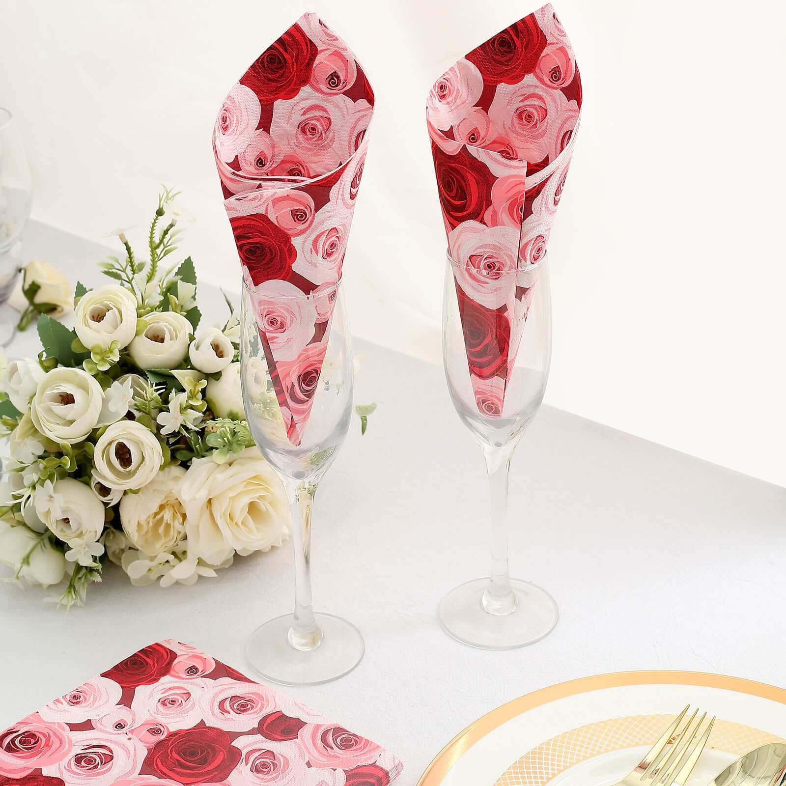 50-Pack Paper Beverage Napkins with Floral Design Red/Pink - 2 Ply Soft 18GSM Rose Garden Wedding Napkins 6.5"x6.5"