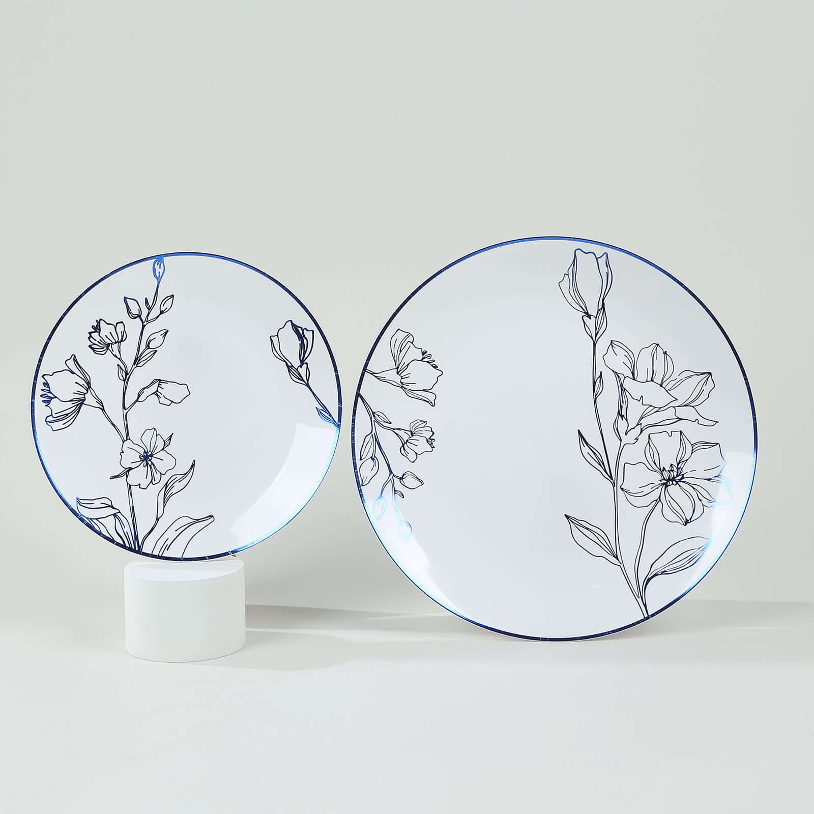 Set of 20 Plastic Round Dinner and Dessert Plates in White with Metallic Blue Floral Design - Stylish Disposable Dinnerware 8", 10"