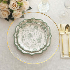 25-Pack Paper 8" Round Dessert Plates in White with Sage Green French Toile Design & Scalloped Rim - Disposable 300GSM Salad Appetizer Plates for Stylish Table Decor