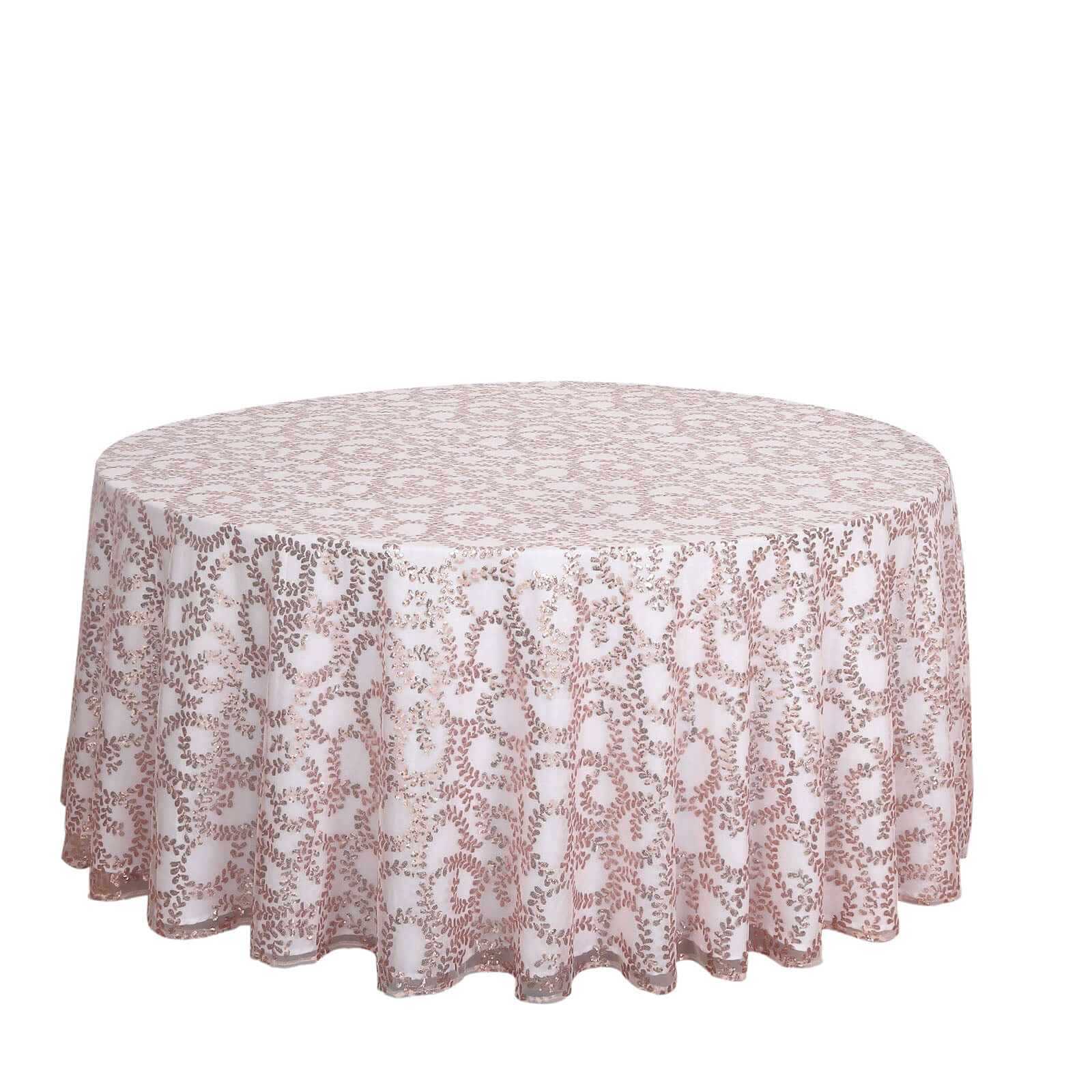 Tulle 120" Round Tablecloth Rose Gold - Seamless Sequin Leaf Embroidered Table Cover