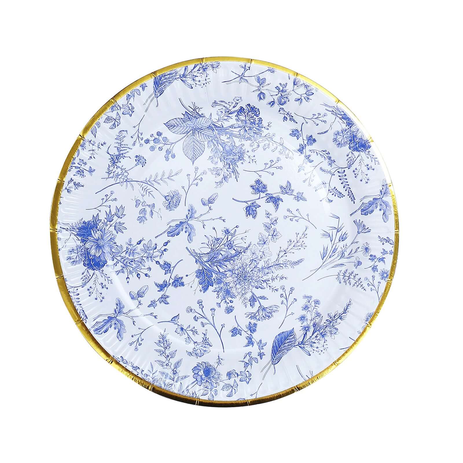 25-Pack Paper 7" Round Dessert Plates in White with Light Blue French Toile Pattern & Gold Rim - Disposable Salad Appetizer Plates for Luncheons & Garden Themes