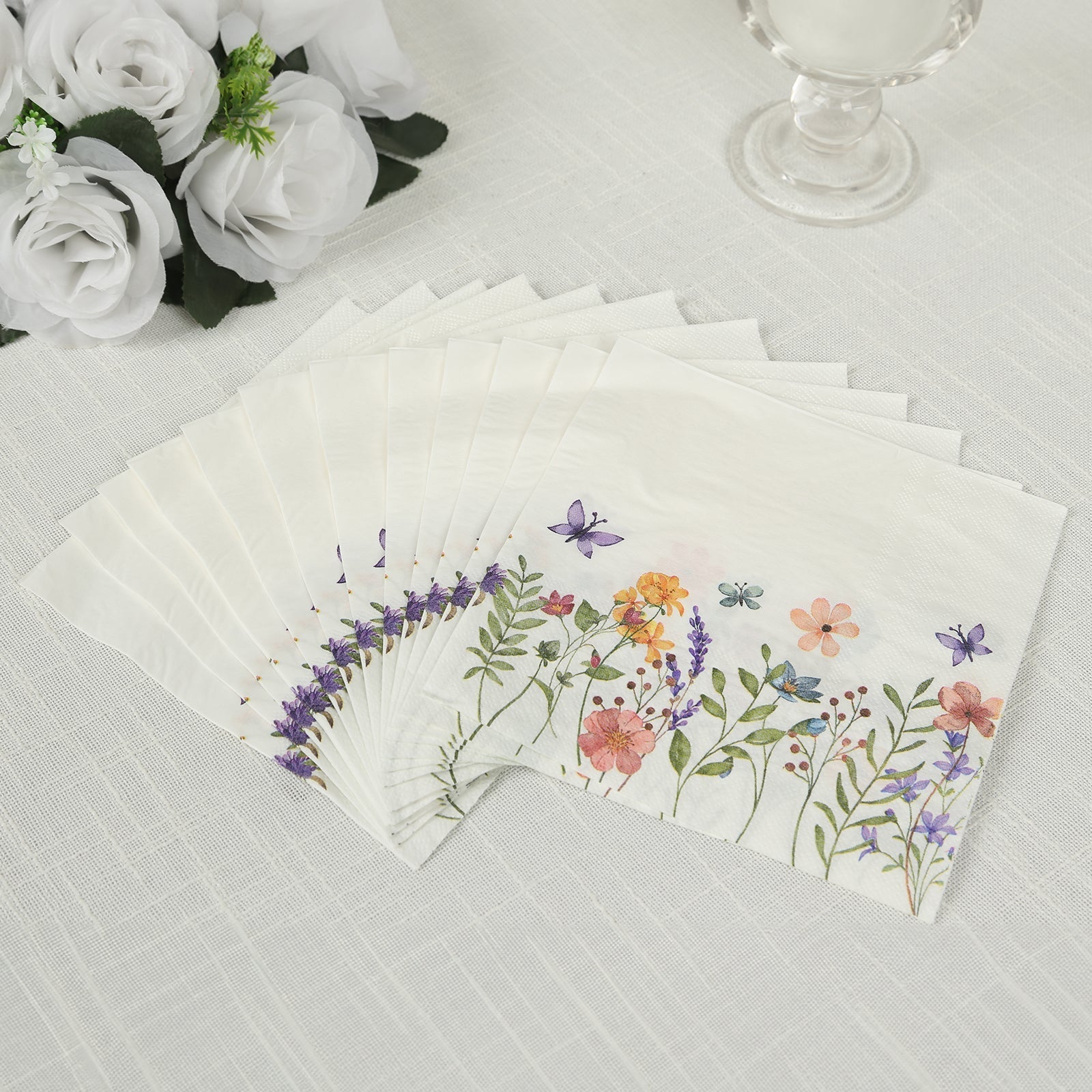 50-Pack Paper Cocktail Napkins with Wildflower Butterfly Design - Disposable 2 Ply Beverage Napkins for Parties 6.5"x6.5"
