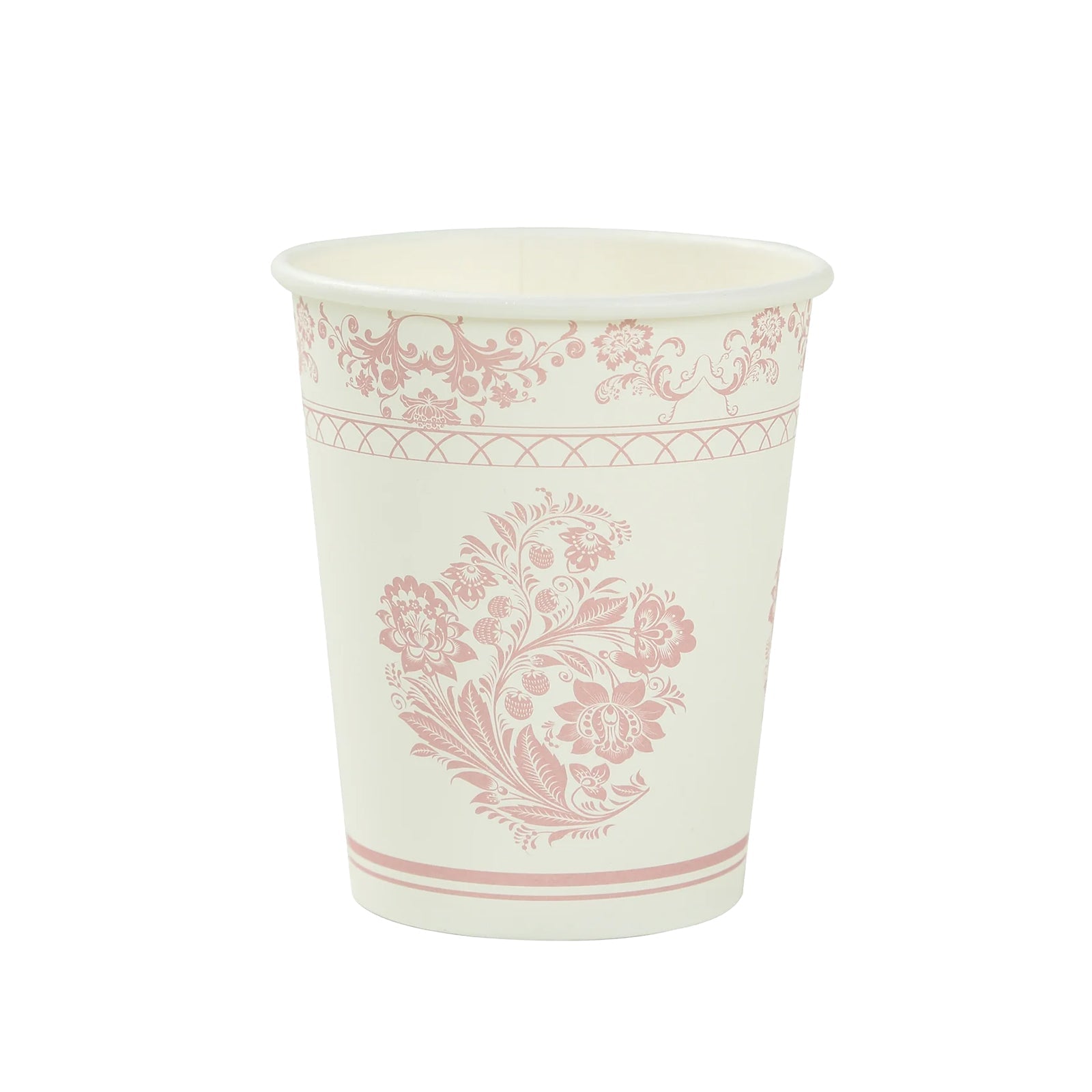 24 Pack Disposable Paper Cups in White Pink French Toile Pattern, Elegant Party Cups - 9oz